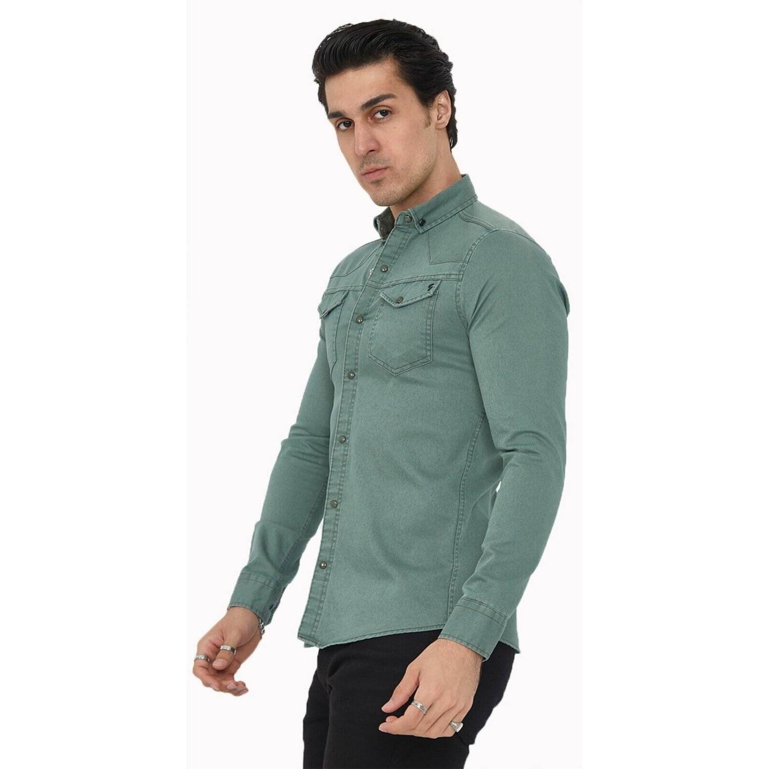 Premium Herren Hemd Basic Freizeithemd dickes Hemd Unifarben Langarm Slim-Fit 100% Baumwolle 6XL Olivengrün