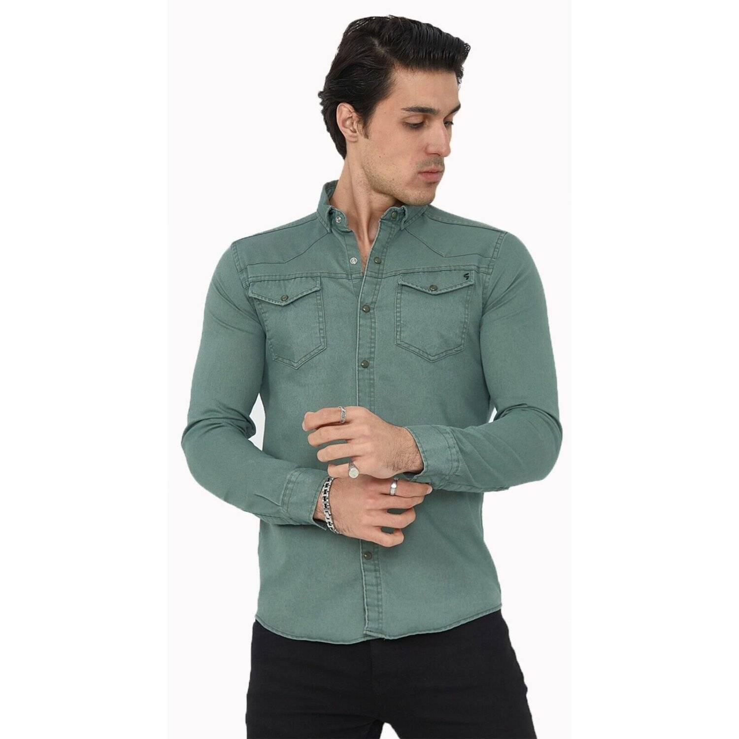 Premium Herren Hemd Basic Freizeithemd dickes Hemd Unifarben Langarm Slim-Fit 100% Baumwolle 6XL Olivengrün
