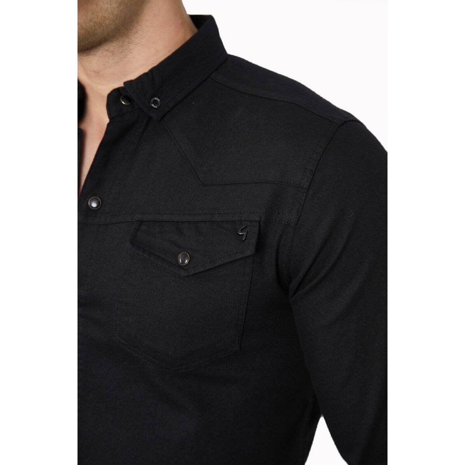 Premium Herren Hemd Basic Freizeithemd dickes Hemd Unifarben Langarm Slim-Fit 100% Baumwolle 6XL Schwarz
