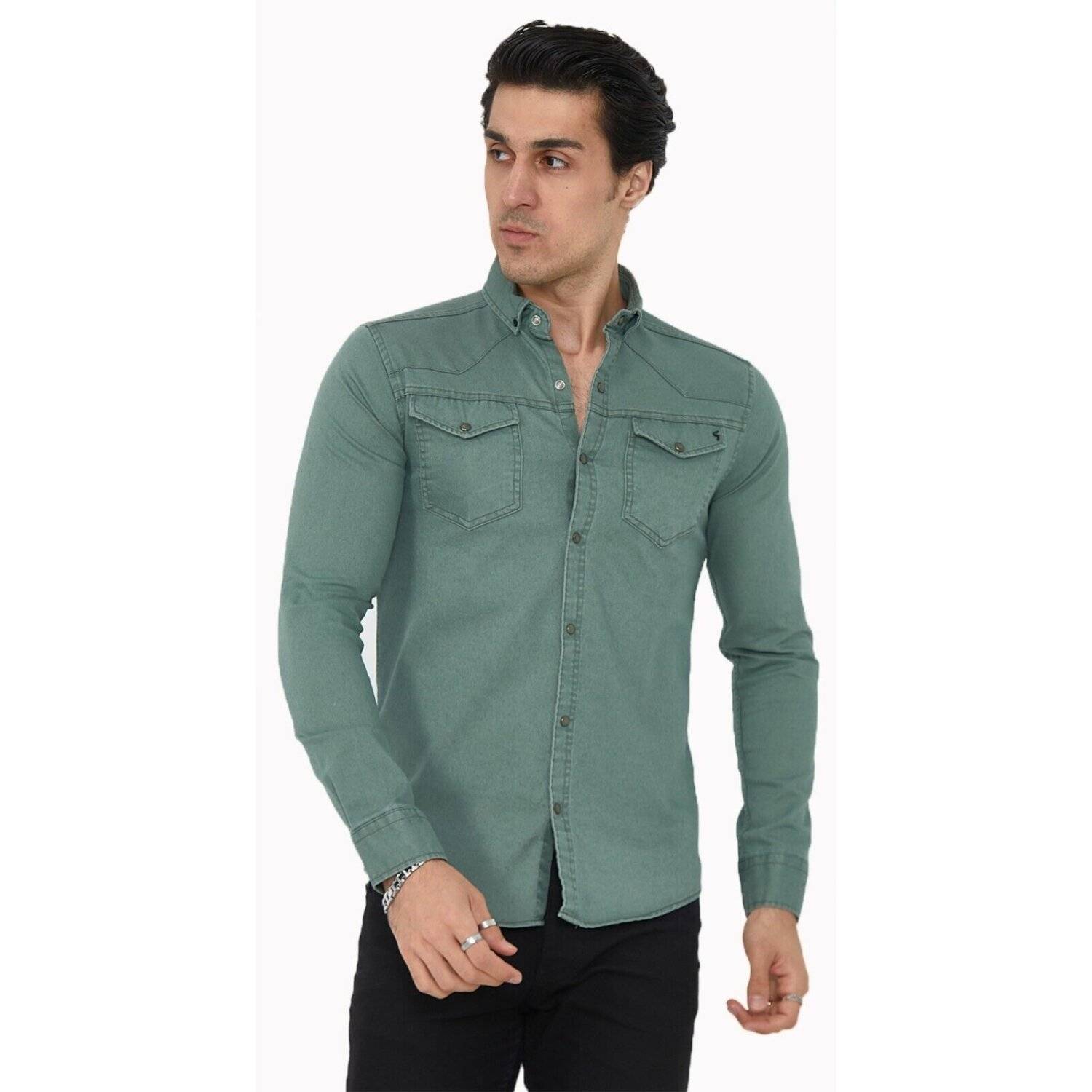 Premium Herren Hemd Basic Freizeithemd dickes Hemd Unifarben Langarm Slim-Fit 100% Baumwolle 5XL Olivengrün