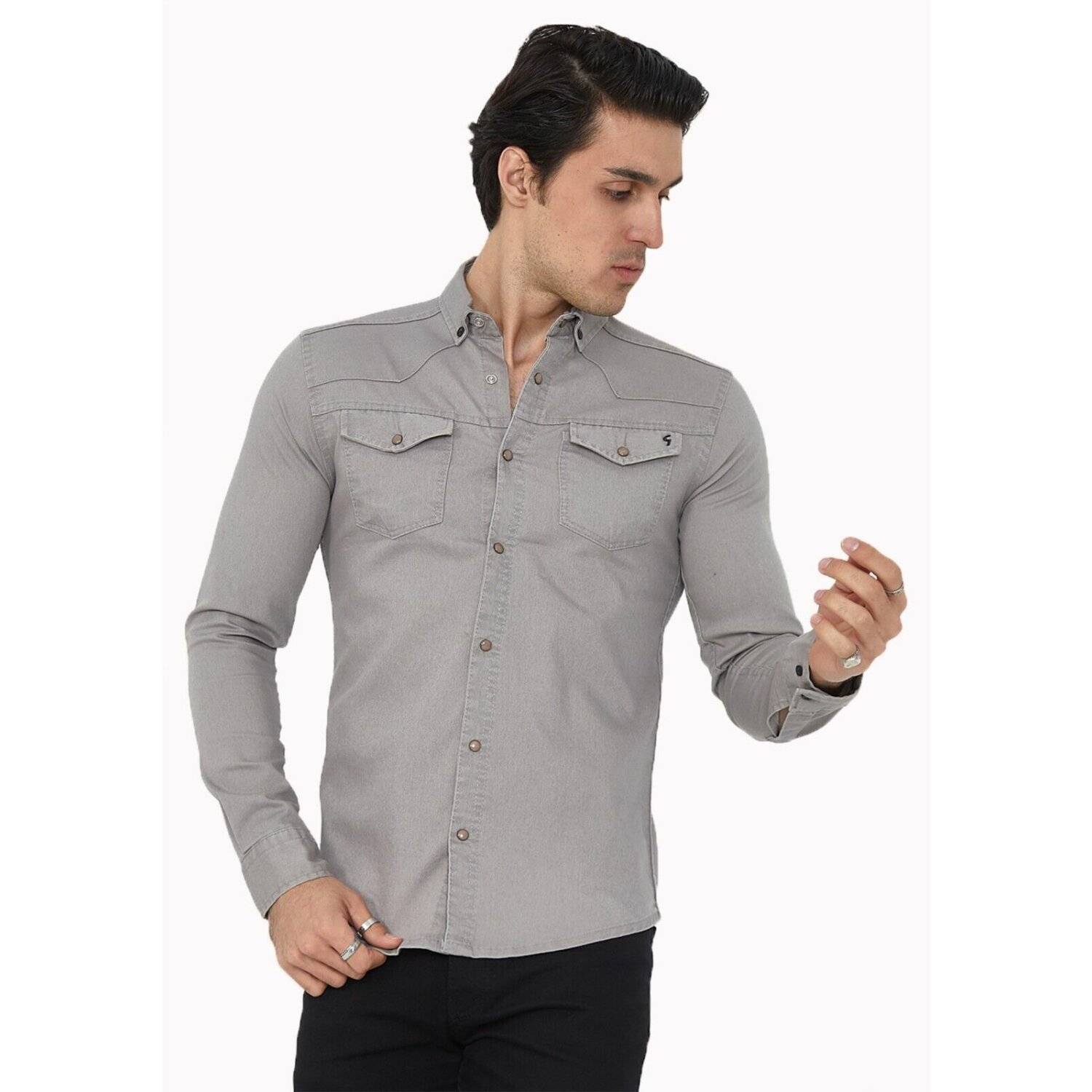 Premium Herren Hemd Basic Freizeithemd dickes Hemd Unifarben Langarm Slim-Fit 100% Baumwolle 5XL Grau