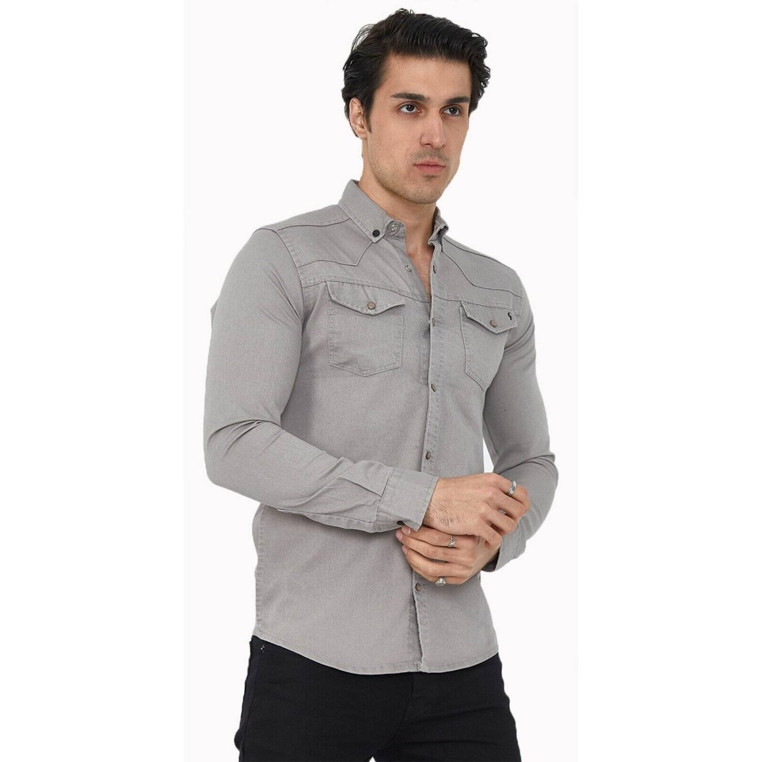 Premium Herren Hemd Basic Freizeithemd dickes Hemd Unifarben Langarm Slim-Fit 100% Baumwolle 5XL Grau