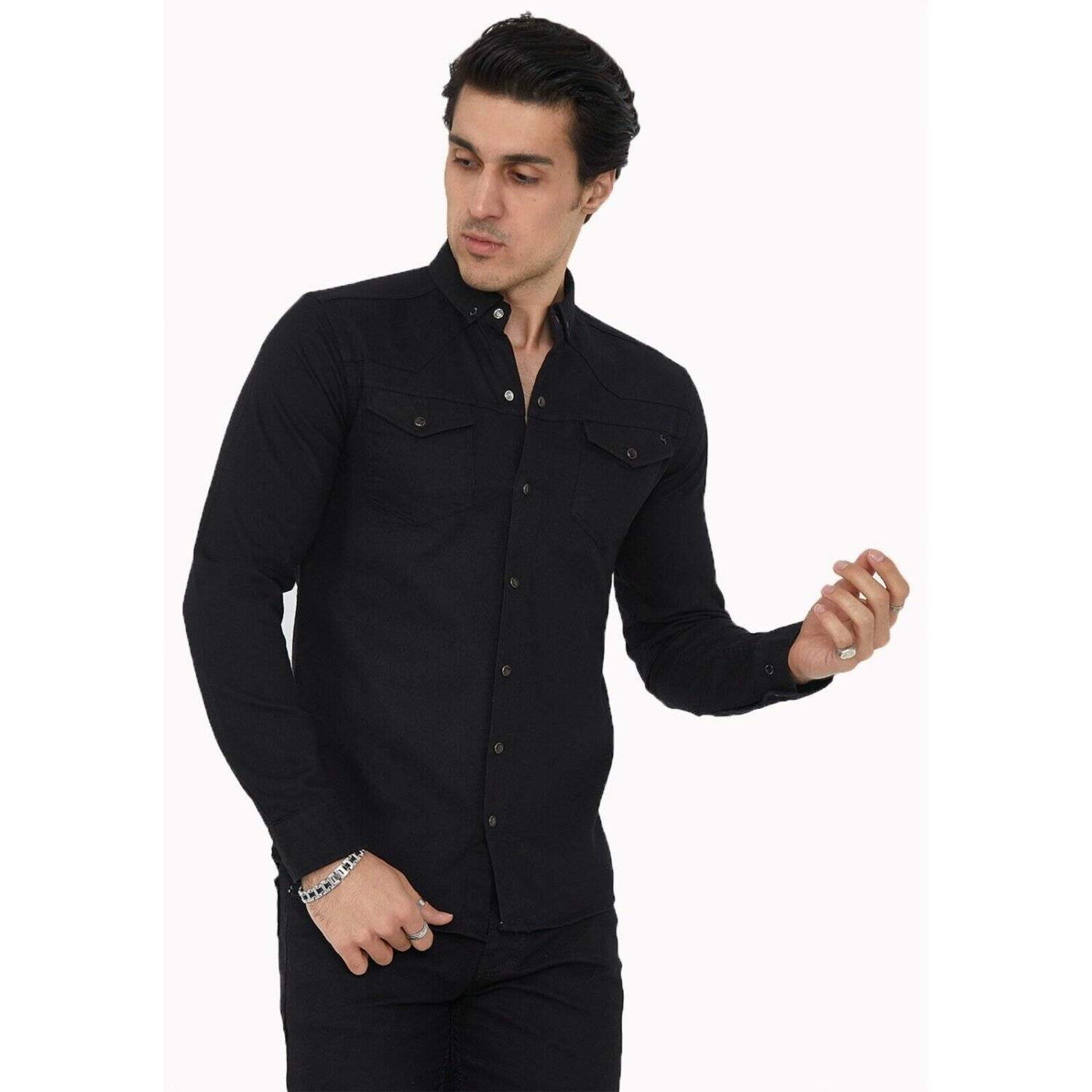 Premium Herren Hemd Basic Freizeithemd dickes Hemd Unifarben Langarm Slim-Fit 100% Baumwolle 5XL Schwarz