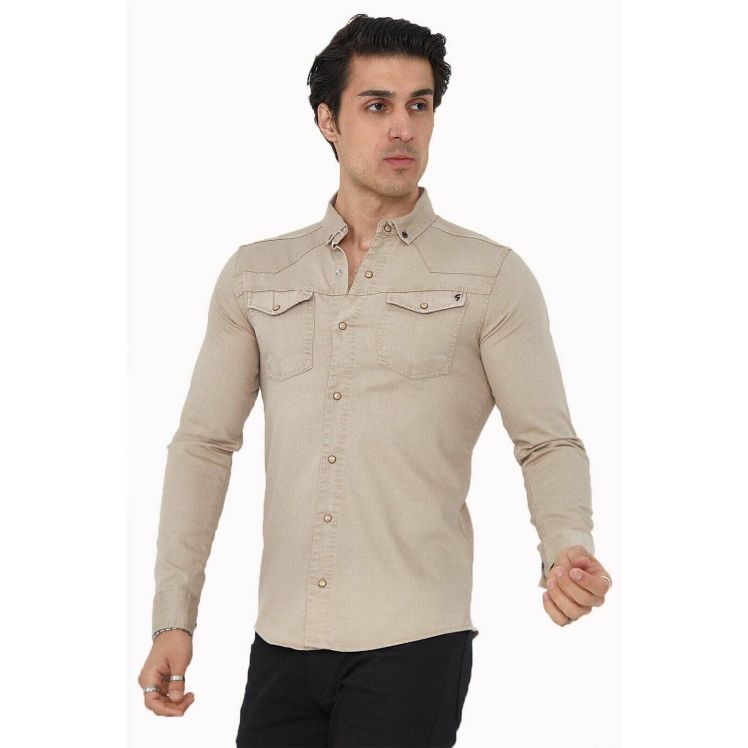 Premium Herren Hemd Basic Freizeithemd dickes Hemd Unifarben Langarm Slim-Fit 100% Baumwolle 4XL Beige