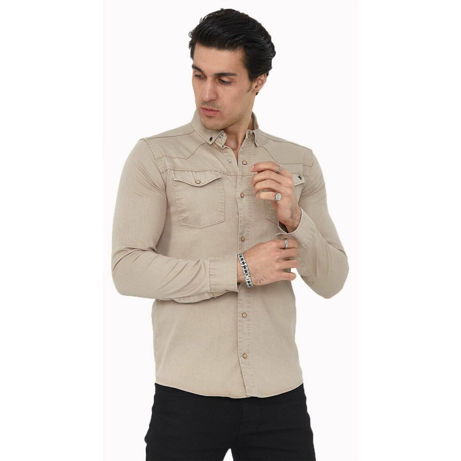 Premium Herren Hemd Basic Freizeithemd dickes Hemd Unifarben Langarm Slim-Fit 100% Baumwolle 4XL Beige