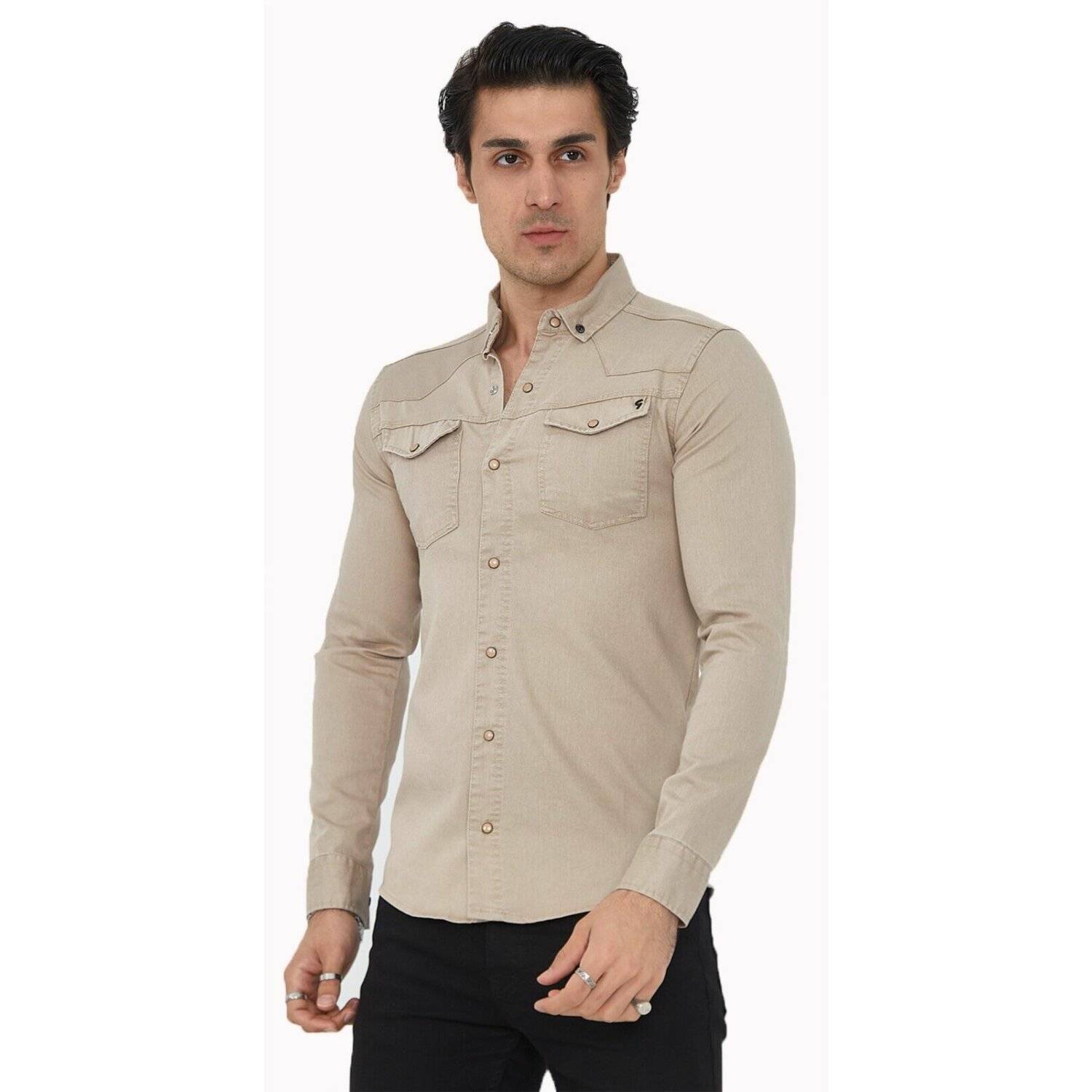 Premium Herren Hemd Basic Freizeithemd dickes Hemd Unifarben Langarm Slim-Fit 100% Baumwolle 4XL Beige