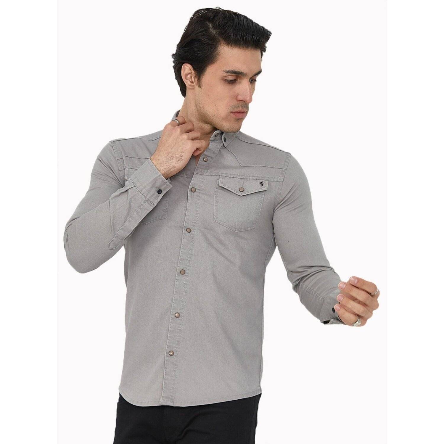 Premium Herren Hemd Basic Freizeithemd dickes Hemd Unifarben Langarm Slim-Fit 100% Baumwolle 4XL Grau