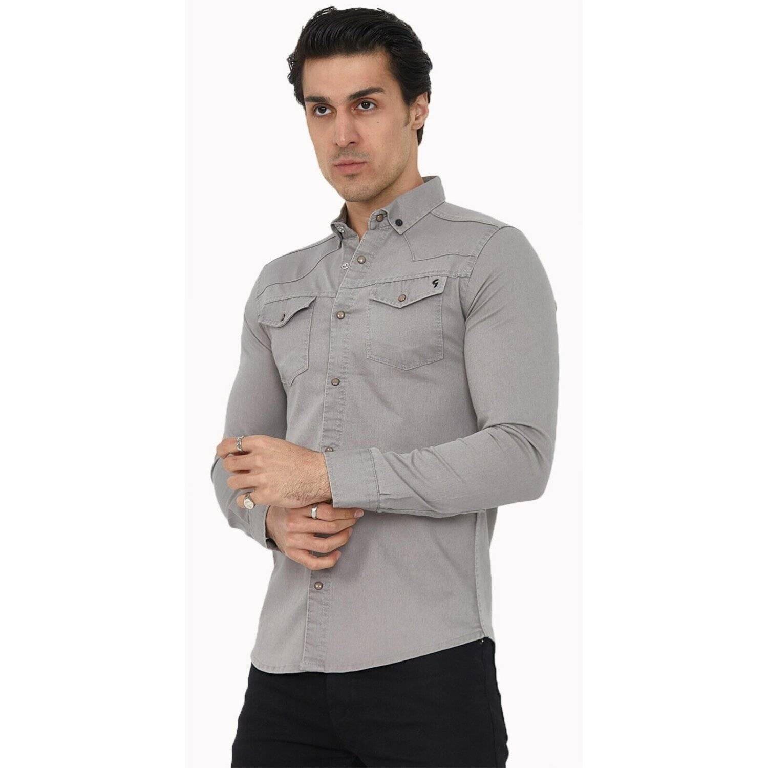 Premium Herren Hemd Basic Freizeithemd dickes Hemd Unifarben Langarm Slim-Fit 100% Baumwolle 4XL Grau