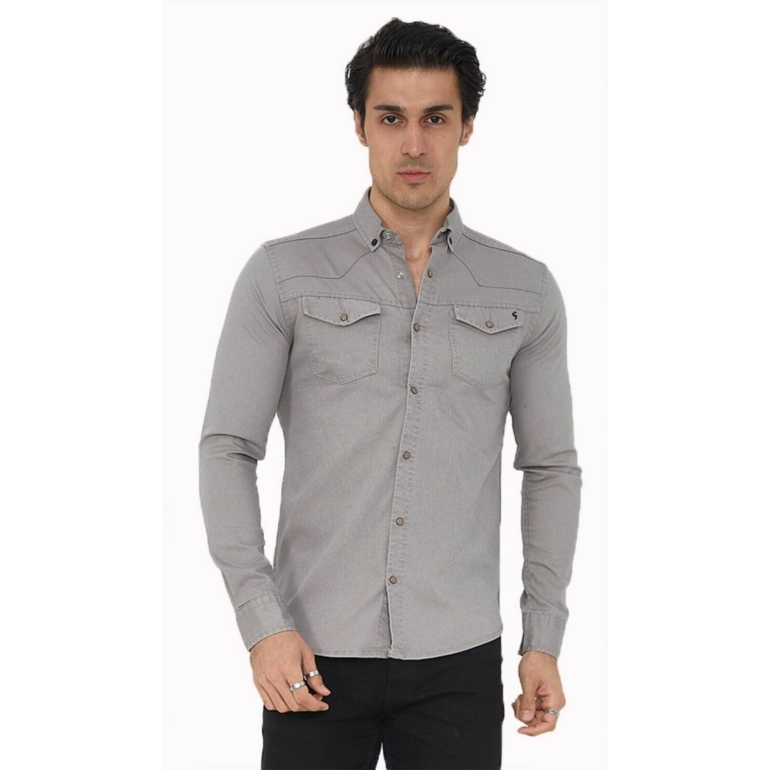 Premium Herren Hemd Basic Freizeithemd dickes Hemd Unifarben Langarm Slim-Fit 100% Baumwolle 4XL Grau