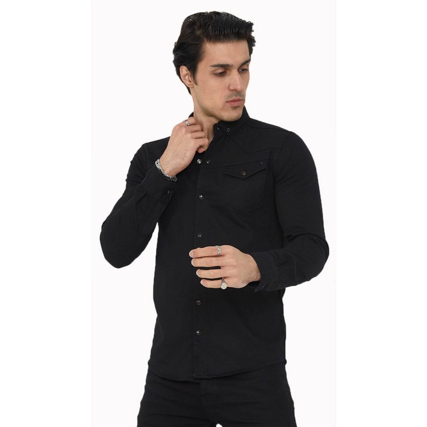 Premium Herren Hemd Basic Freizeithemd dickes Hemd Unifarben Langarm Slim-Fit 100% Baumwolle 4XL Schwarz