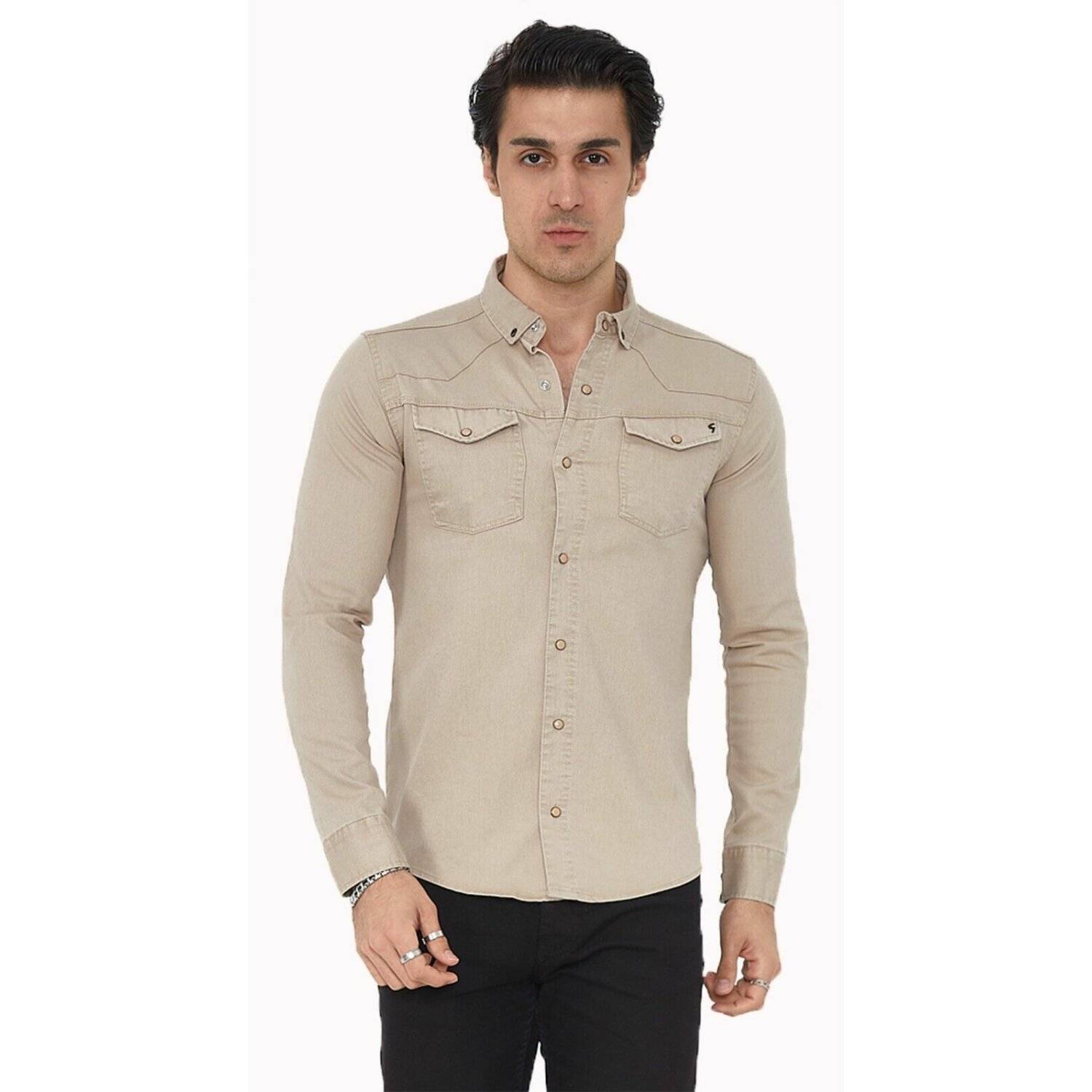 Premium Herren Hemd Basic Freizeithemd dickes Hemd Unifarben Langarm Slim-Fit 100% Baumwolle 3XL Beige