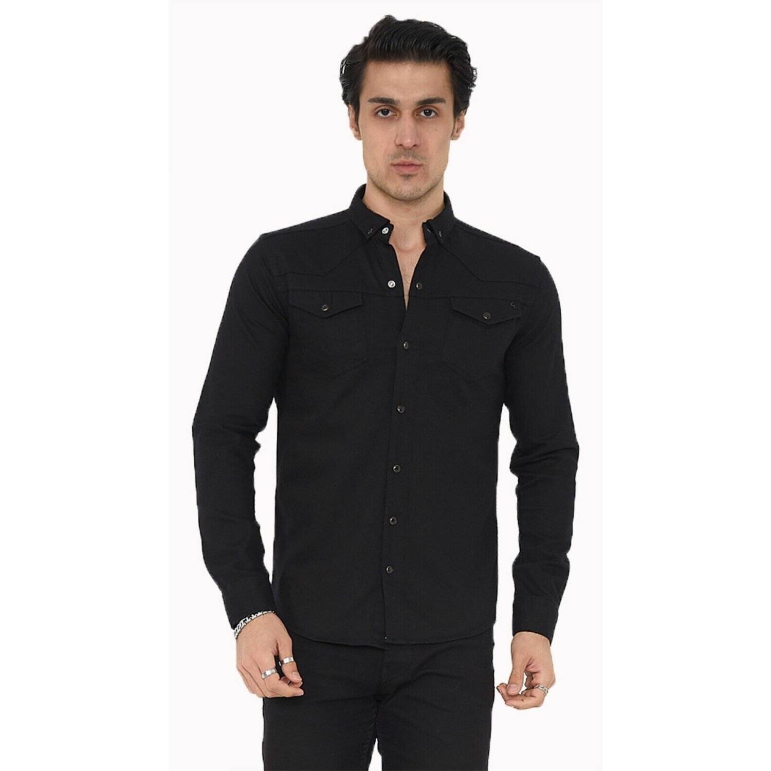 Premium Herren Hemd Basic Freizeithemd dickes Hemd Unifarben Langarm Slim-Fit 100% Baumwolle 3XL Schwarz