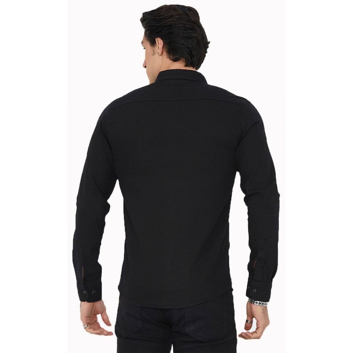 Premium Herren Hemd Basic Freizeithemd dickes Hemd Unifarben Langarm Slim-Fit 100% Baumwolle 3XL Schwarz