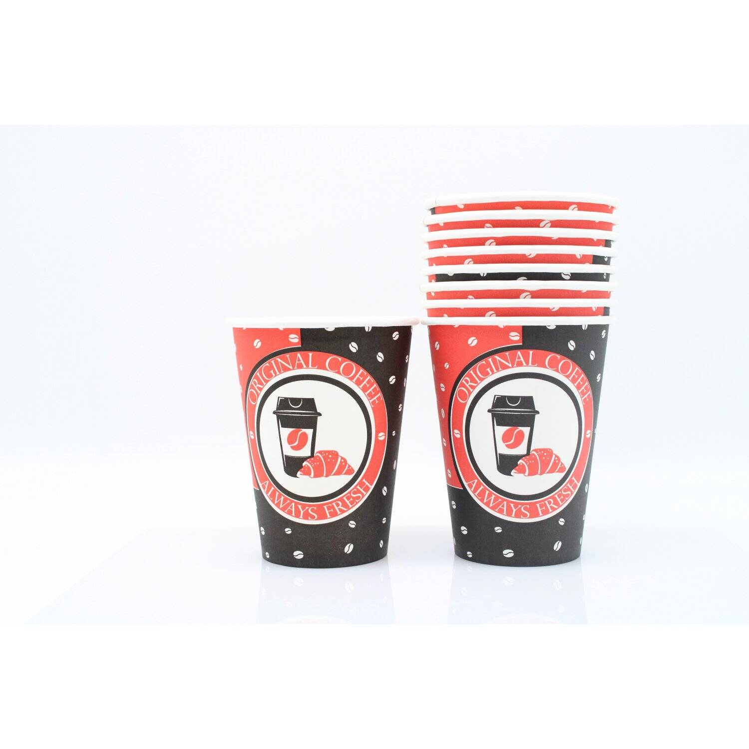 500x Kaffeebecher Always Fresh Papierbecher PE beschichtet 12 oz / 340ml Rot-Schwarz