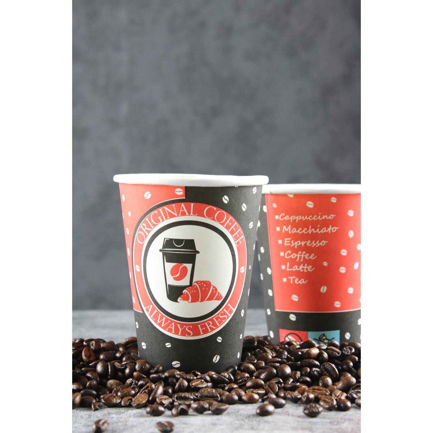 1000x Kaffeebecher Always Fresh Papierbecher PE beschichtet 12 oz / 340ml Rot-Schwarz