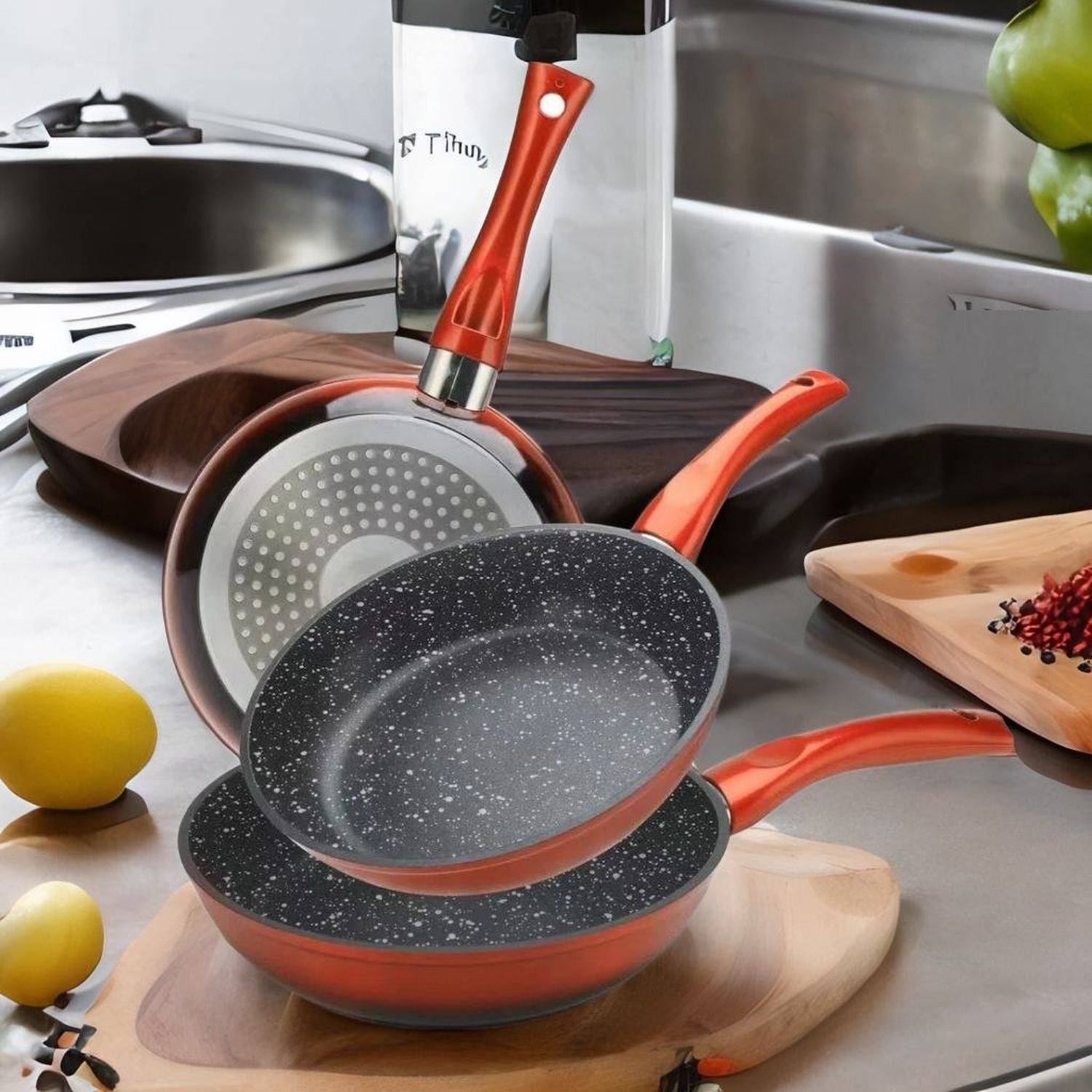 3tlg Pfannenset Induktion Bratpfanne Pfanne antihaft marmor ø20-24-28cm Rot