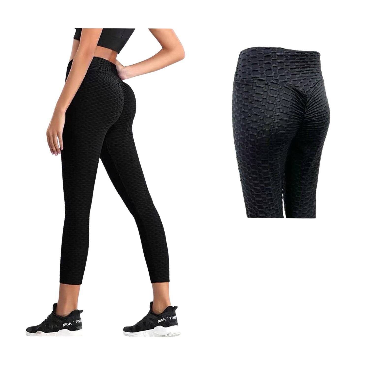 Damen Leggings Geraffte Hintern Heben Hohe Taille Push Up Boom Booty Schwarz S-M