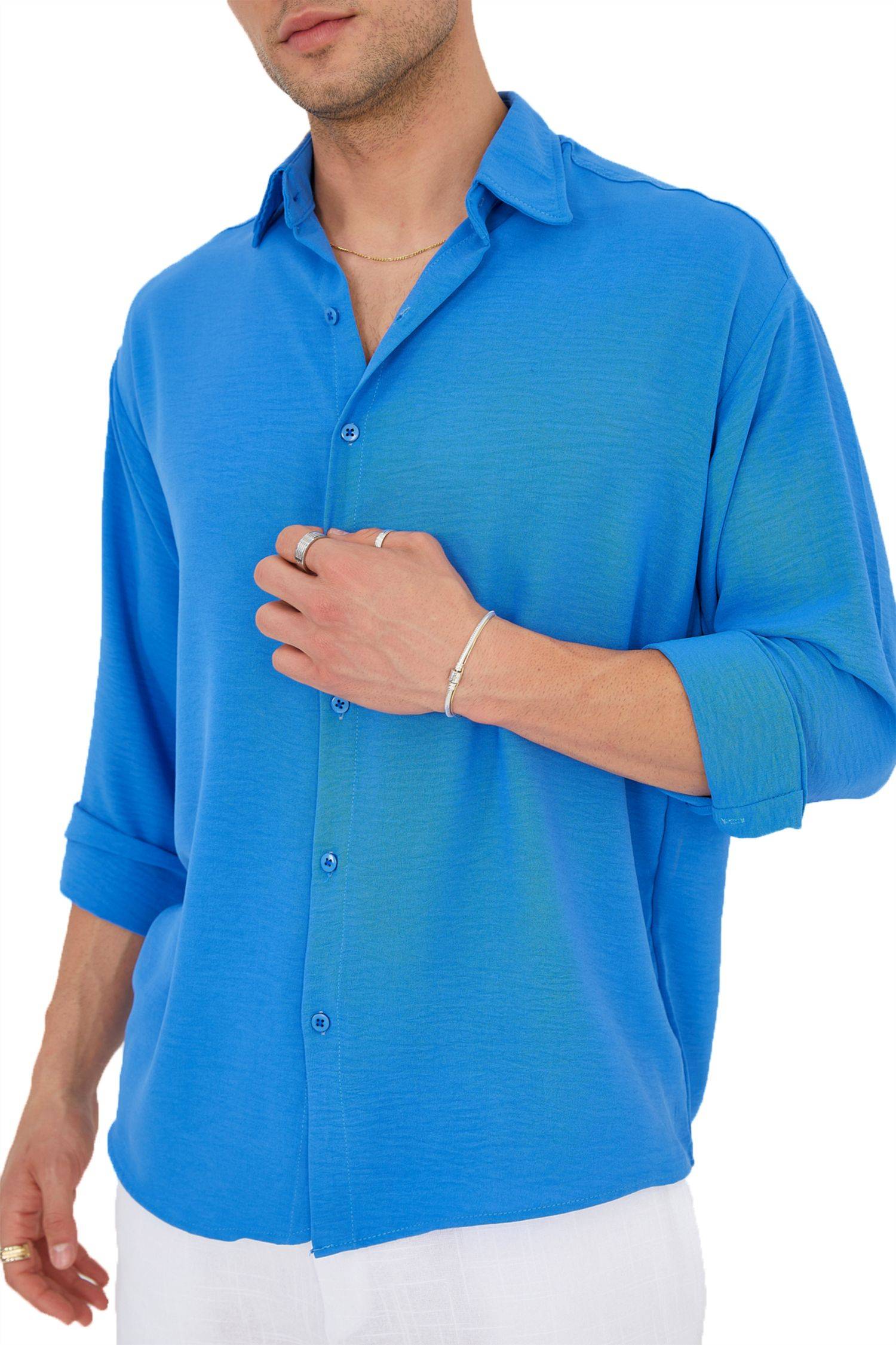 Megaman Herren Freizeit-Hemd Stretch Langarm Hemden | Blau | Large