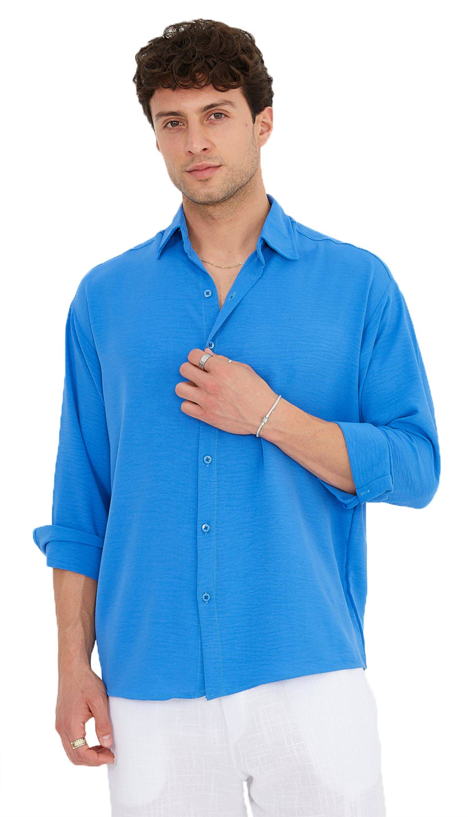 Megaman Herren Freizeit-Hemd Stretch Langarm Hemden | Blau | Large