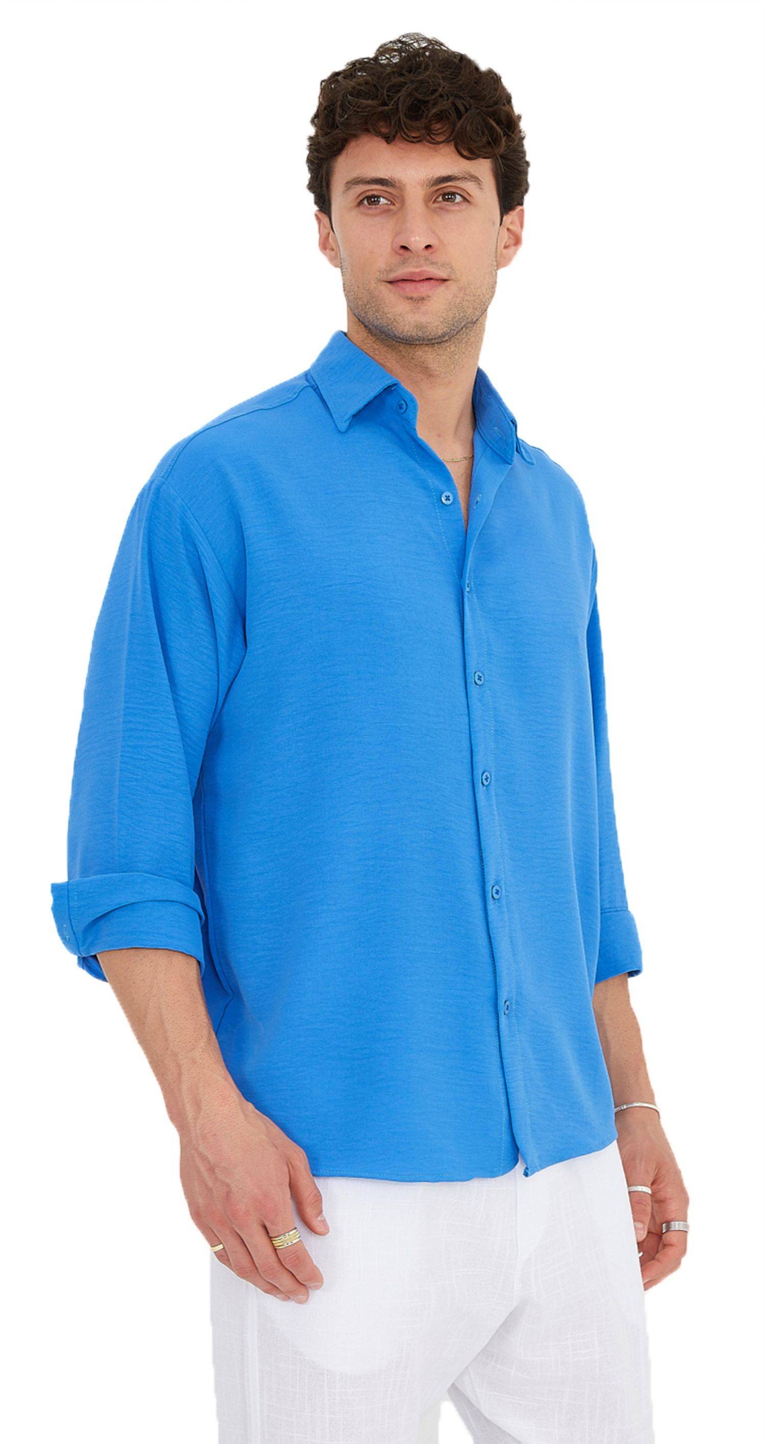 Megaman Herren Freizeit-Hemd Stretch Langarm Hemden | Blau | Large