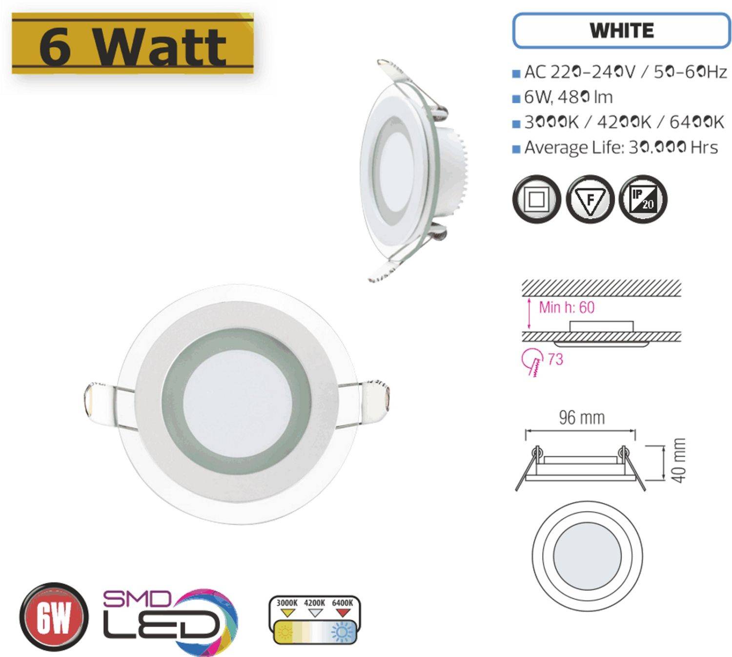 6W LED Panel Glas Einbaustrahler Ø96x96mm Neultralweiß 4200K Deckenleuchte Einbau Beleuchtung Rund