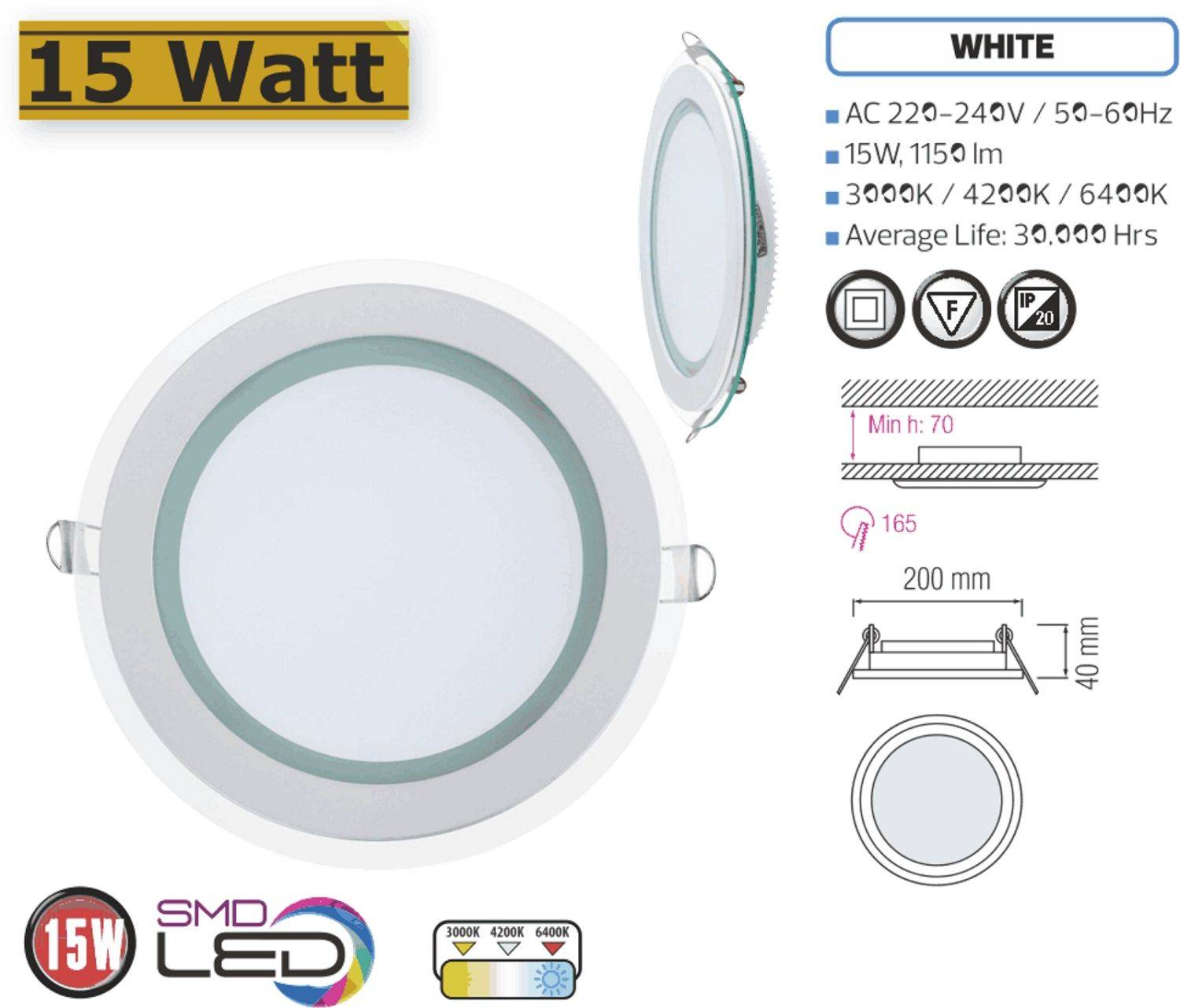 15W LED Panel Glas Einbaustrahler Ø200x200mm Kaltweiß 6500K Deckenleuchte Einbau Beleuchtung Rund