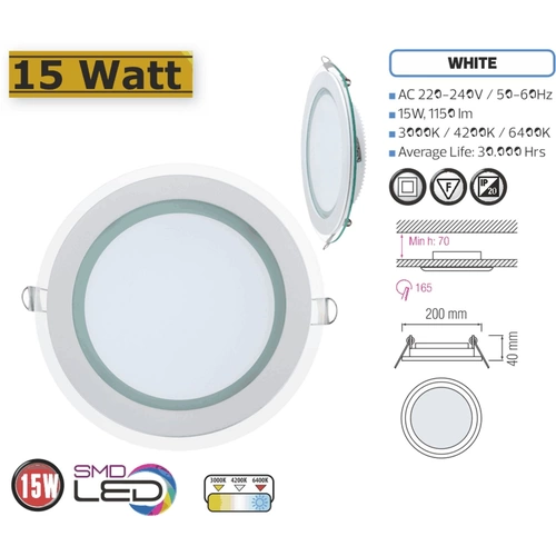 15W LED Panel Glas Einbaustrahler Ø200x200mm Kaltweiß 6500K Deckenleuchte Einbau Beleuchtung Rund 15W LED Panel Glas Einbaustrahler Ø200x200mm Kaltweiß 6500K Deckenleuchte Einbau Beleuchtung Rund