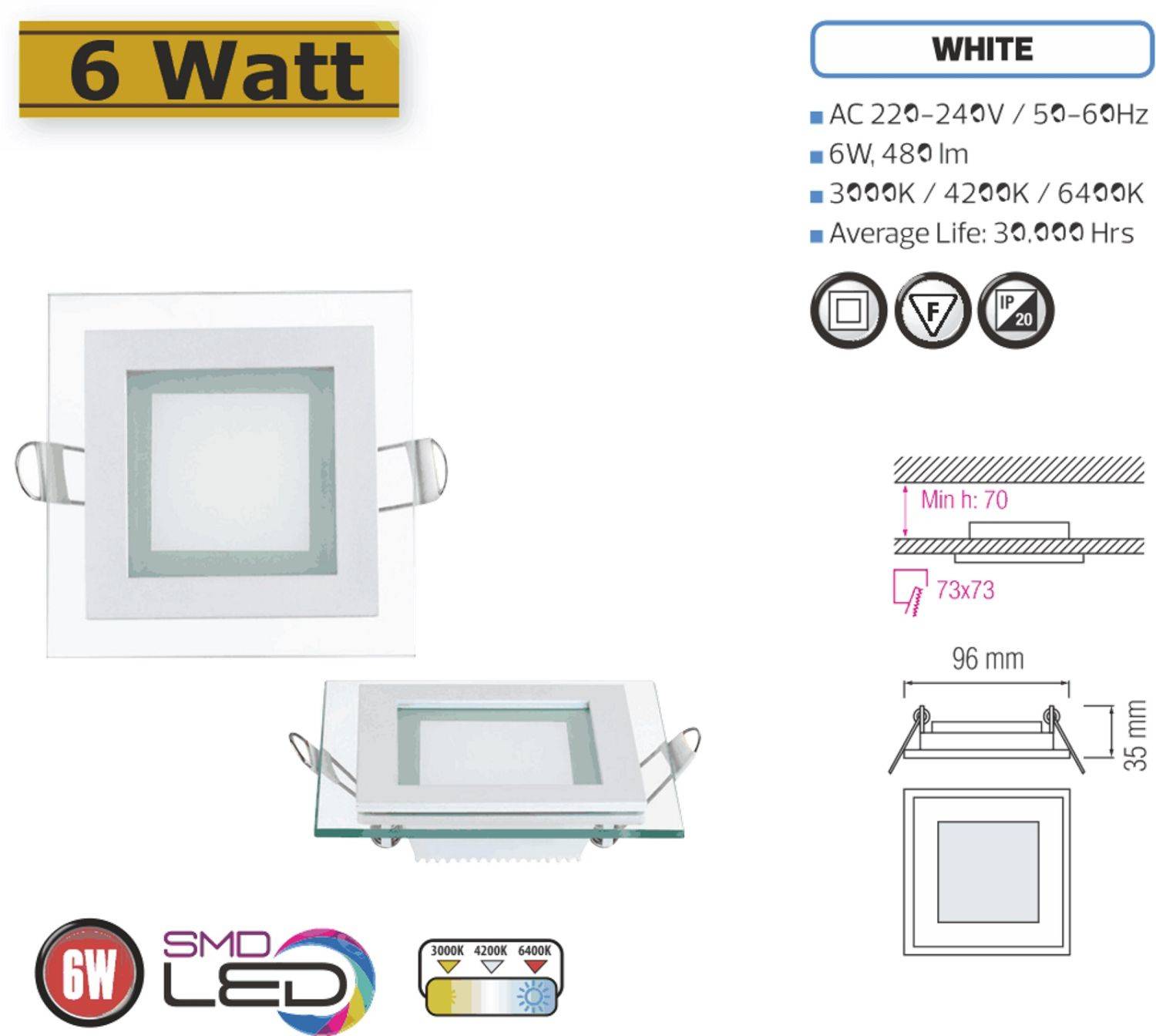 6W LED Panel Glas Einbaustrahler Ø96x96mm Neultralweiß 4200K Deckenleuchte Einbau Beleuchtung Eckig
