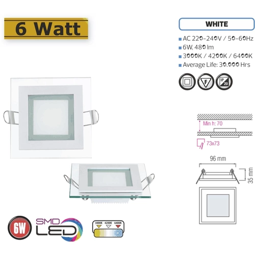 6W LED Panel Glas Einbaustrahler Ø96x96mm Neultralweiß 4200K Deckenleuchte Einbau Beleuchtung Eckig 6W LED Panel Glas Einbaustrahler Ø96x96mm Neultralweiß 4200K Deckenleuchte Einbau Beleuchtung Eckig