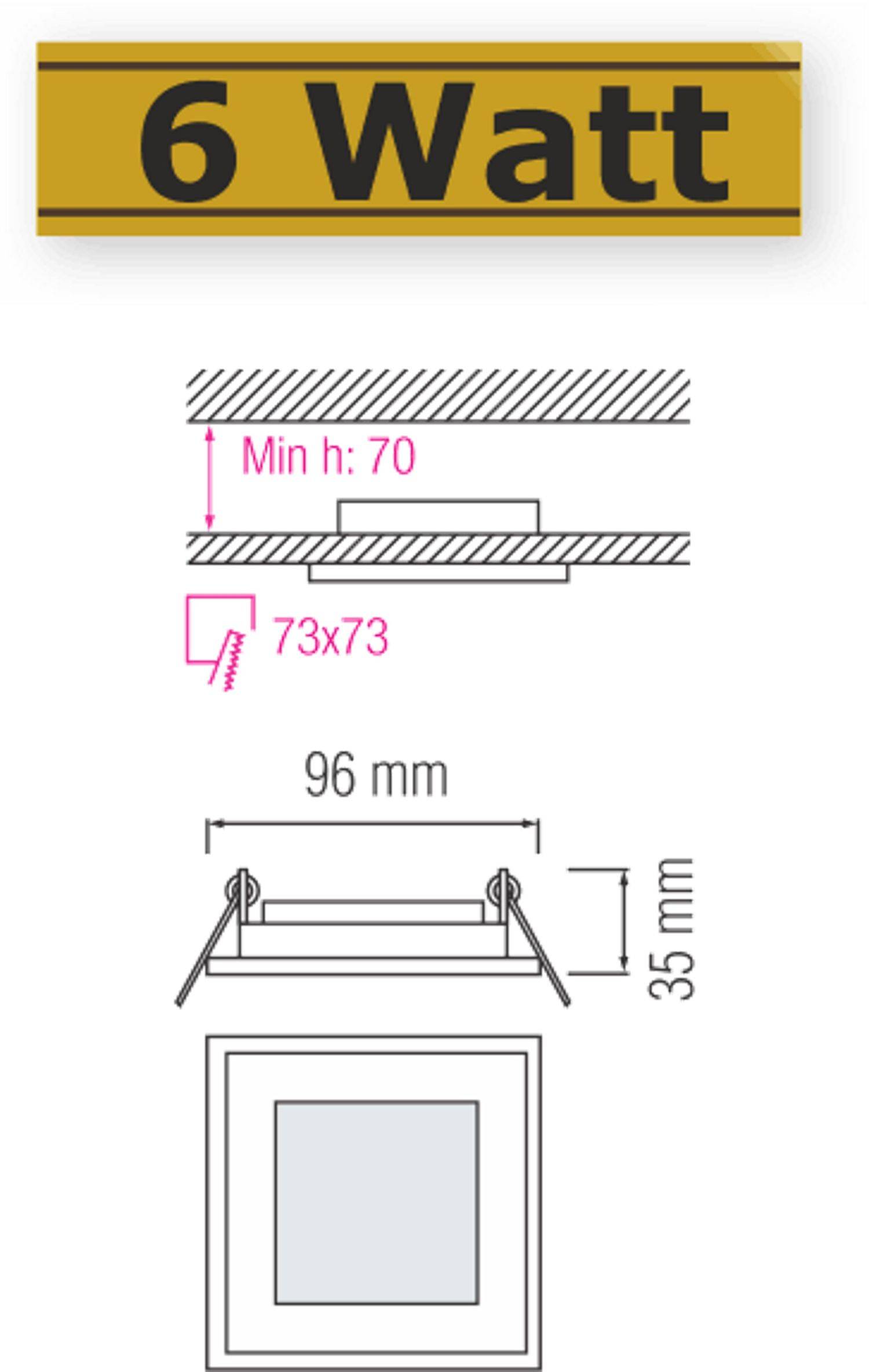 6W LED Panel Glas Einbaustrahler Ø96x96mm Neultralweiß 4200K Deckenleuchte Einbau Beleuchtung Eckig