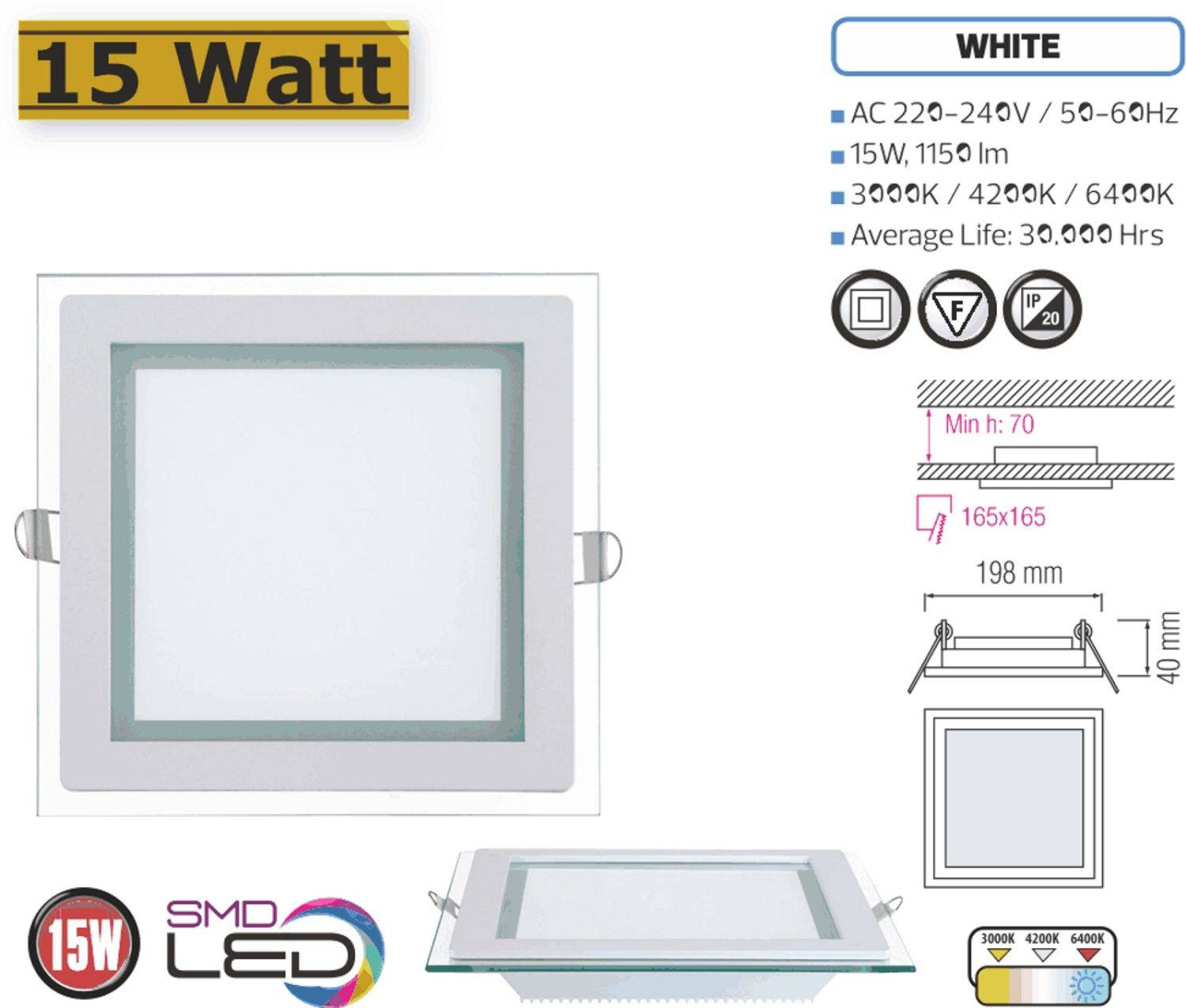 15W LED Panel Glas Einbaustrahler Ø200x200mm Warmweiß 3000K Deckenleuchte Einbau Beleuchtung Eckig