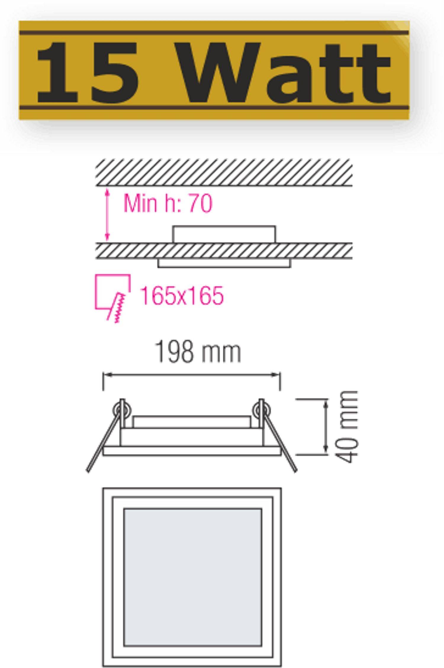 15W LED Panel Glas Einbaustrahler Ø200x200mm Warmweiß 3000K Deckenleuchte Einbau Beleuchtung Eckig