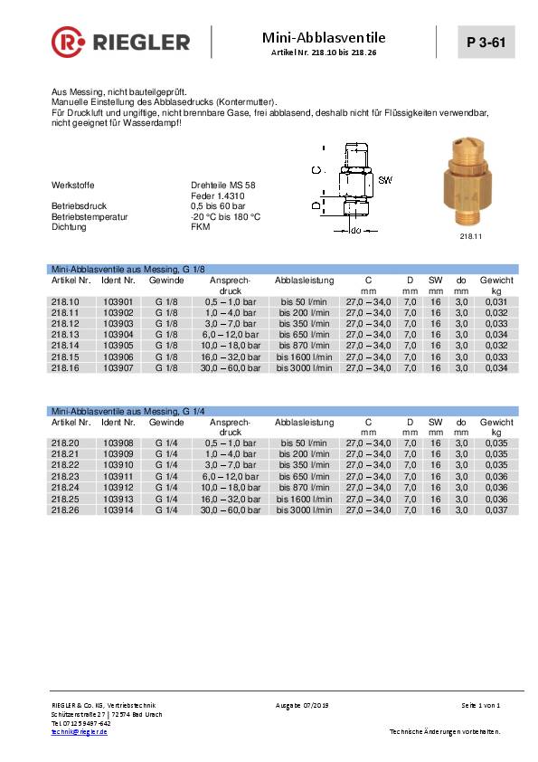 Mini-Abblasventil Messing G 1/8 Ansprechdruck 1,0 - 4,0 bar