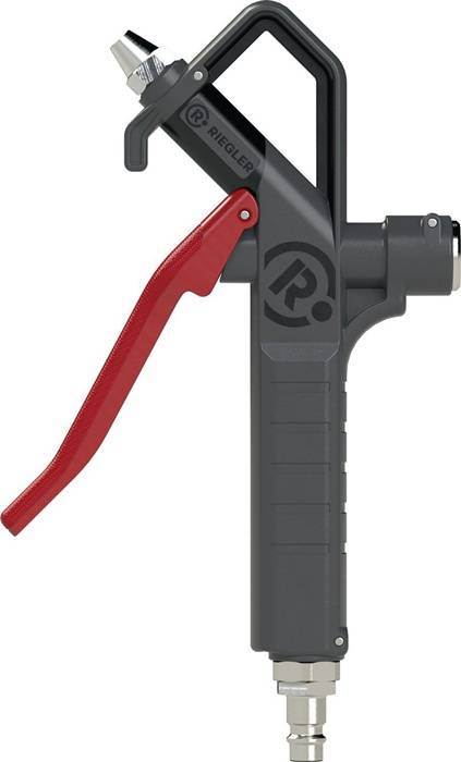 Nahaufnahme eines grauen Werkzeugs mit einem roten Hebelgriff, das ein Logo an der Seite trägt.