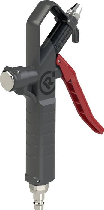 Eine Nahaufnahme einer grauen Metallrohrschelle mit einem roten Hebel, möglicherweise Teil eines Ständer- oder Stützmechanismus.