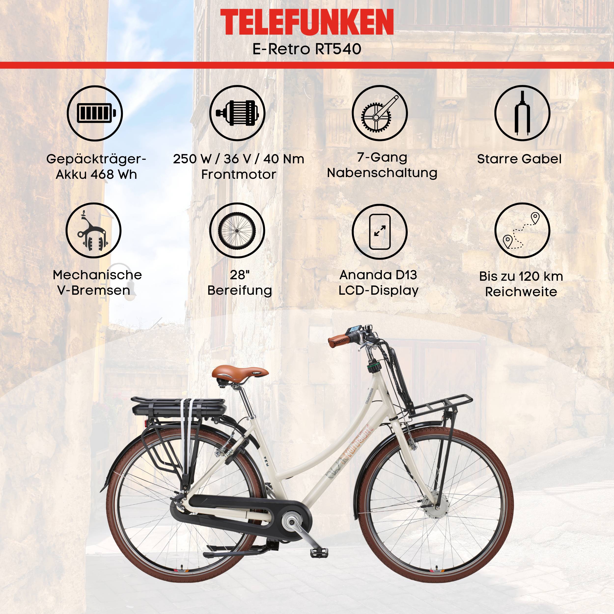 Telefunken E-Bike RT540 mit 7-Gang Shimano Nabenschaltung - Frontmotor 250W /40Nm - 13Ah / 36V Li-Ion Akku
