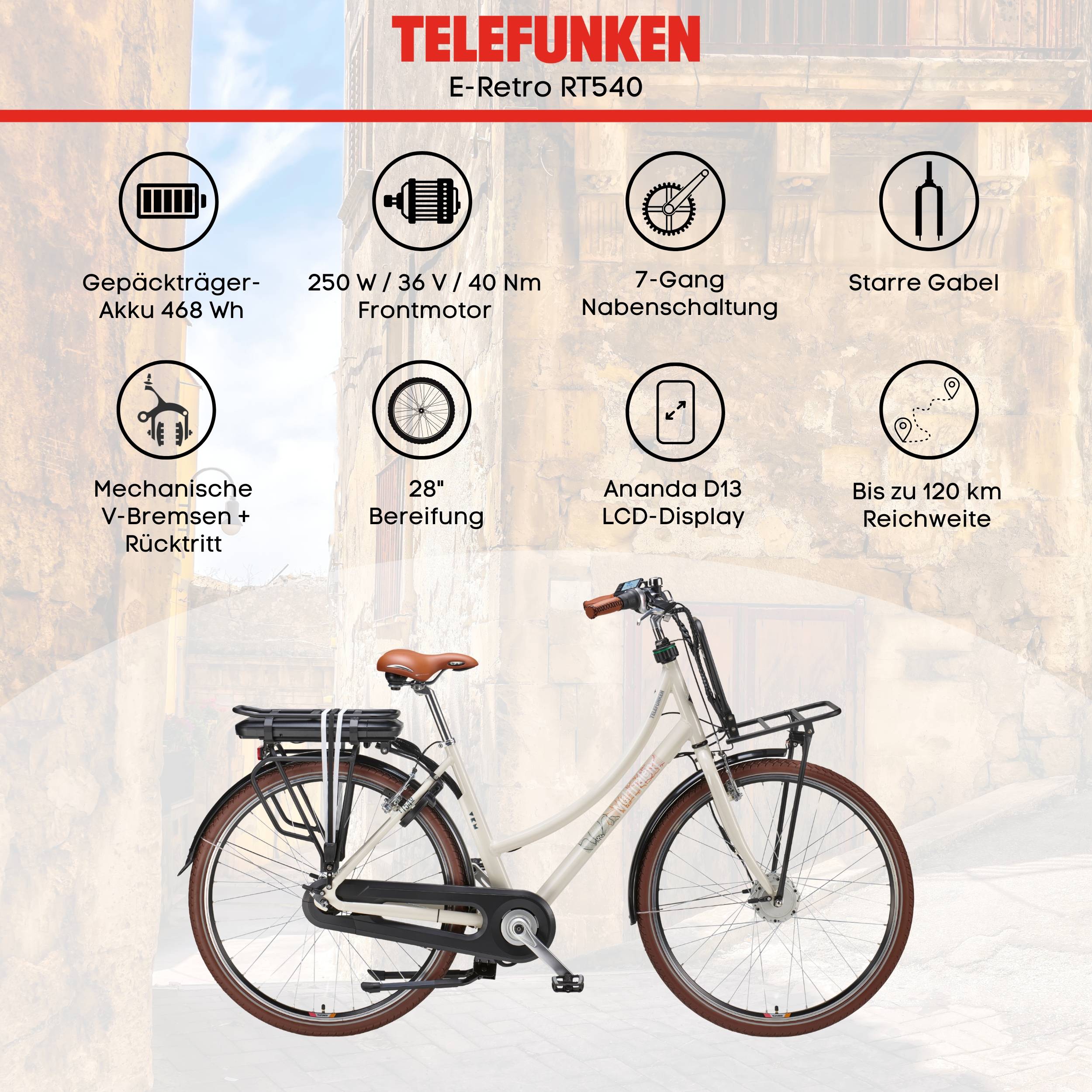 Telefunken E-Bike RT540 mit 7-Gang Shimano Nabenschaltung - Frontmotor 250W /40Nm - 13Ah / 36V Li-Ion Akku