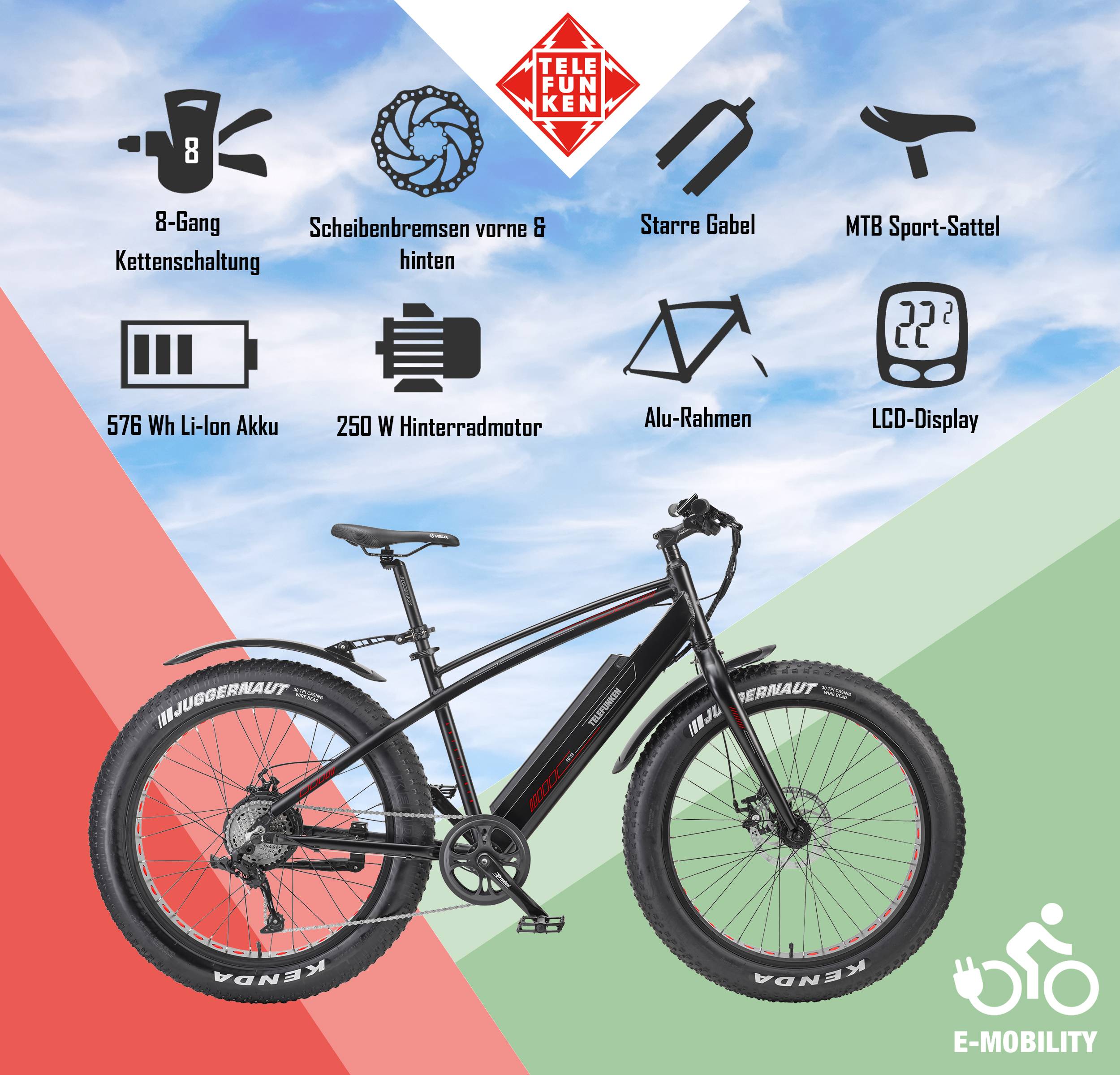 Telefunken E-Bike FM350 26 Zoll Fatbike mit 8 Gang Kettenschaltung - Hinterradmotor 250W /16Ah / 36V Lithium-Ionen-Akku