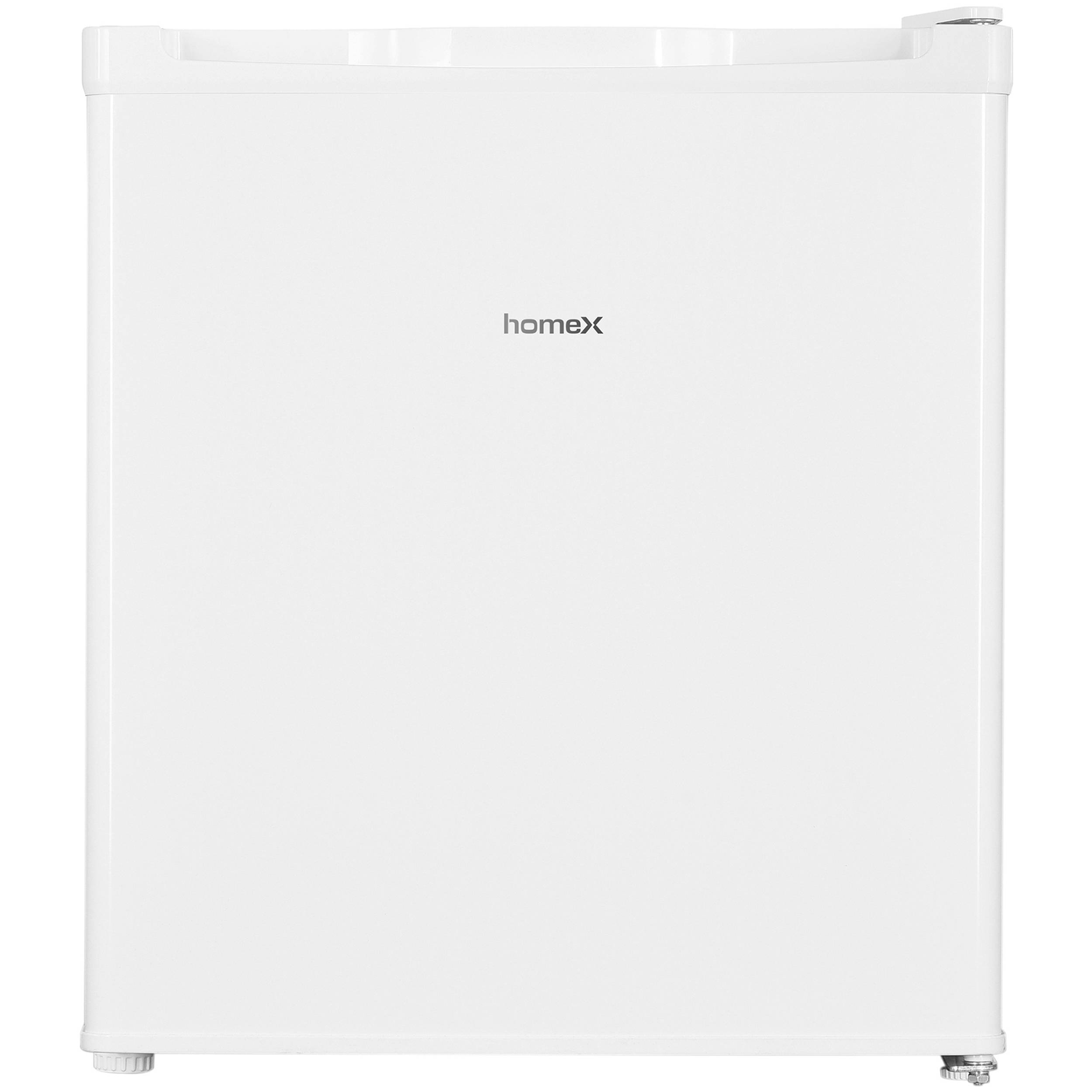 Ein kleiner weißer Kühlschrank mit dem 'homex'-Logo in der Mitte der Tür.