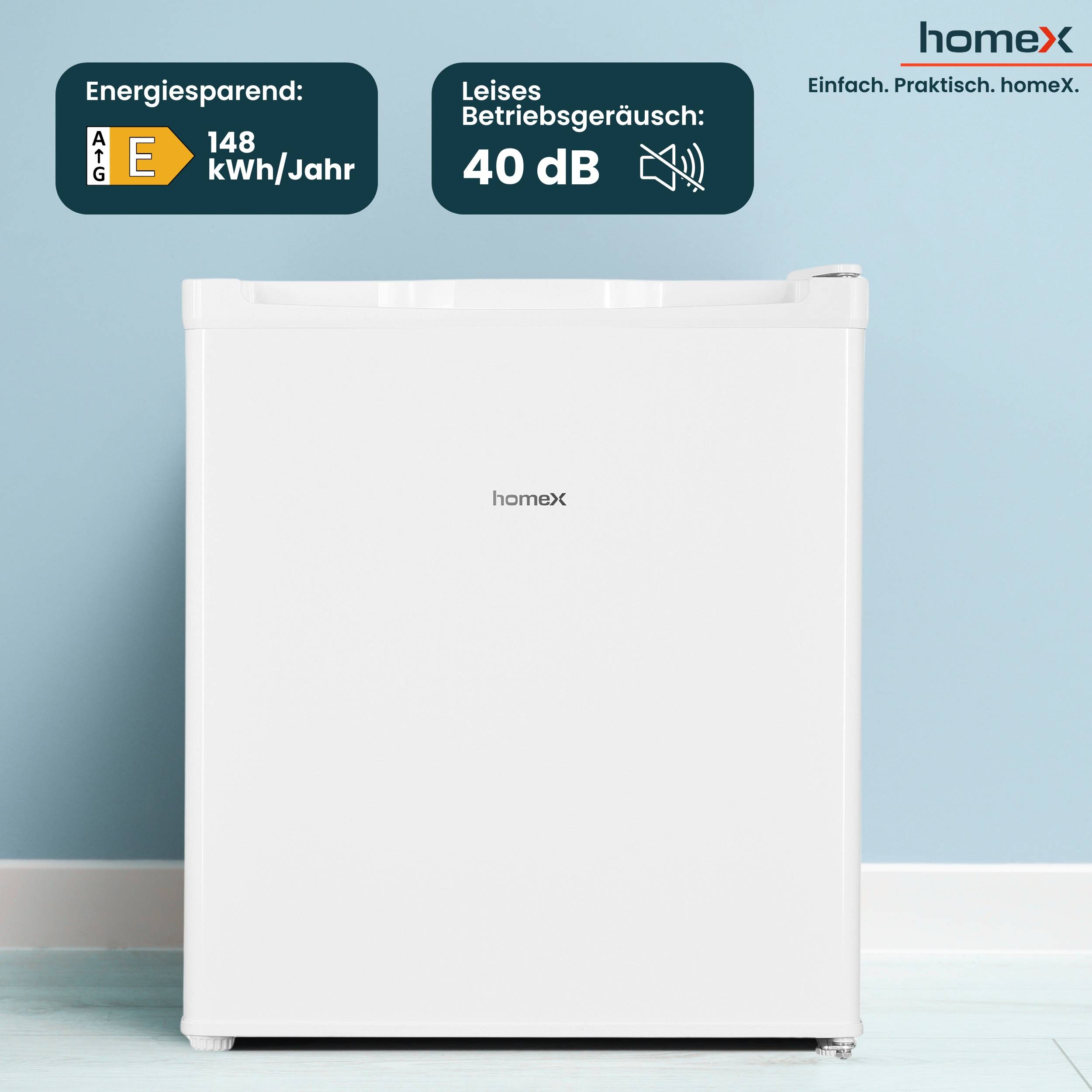 Ein kompakter weißer Kühlschrank mit Energieeffizienzklasse E, verbraucht 148 kWh/Jahr und arbeitet leise mit 40 dB. Marke: homemX.