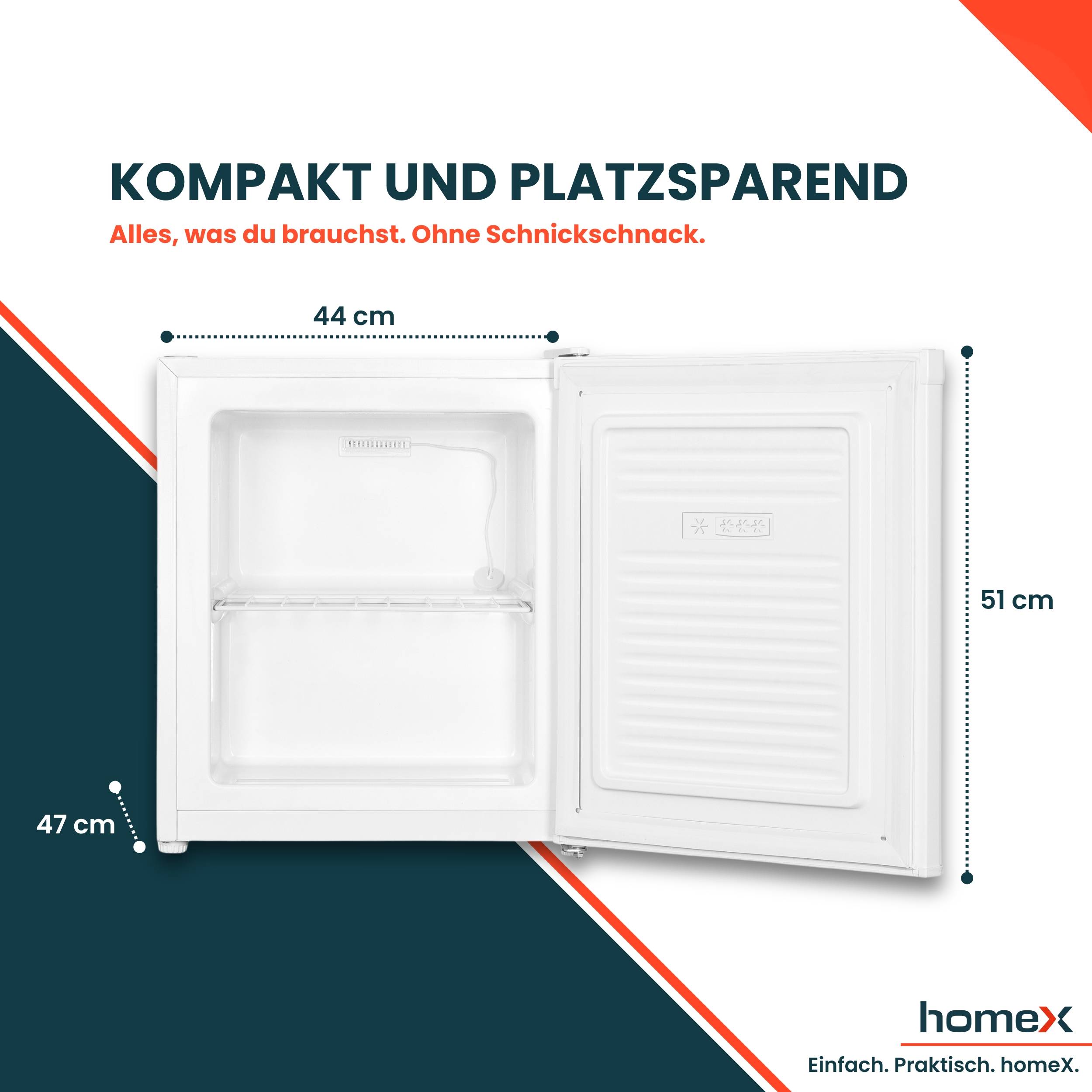 Kompakt und platzsparend' Kühlschrank geöffnet mit einem Regal, Abmessungen 44 cm breit, 51 cm hoch, 47 cm tief. 'Alles, was du brauchst.