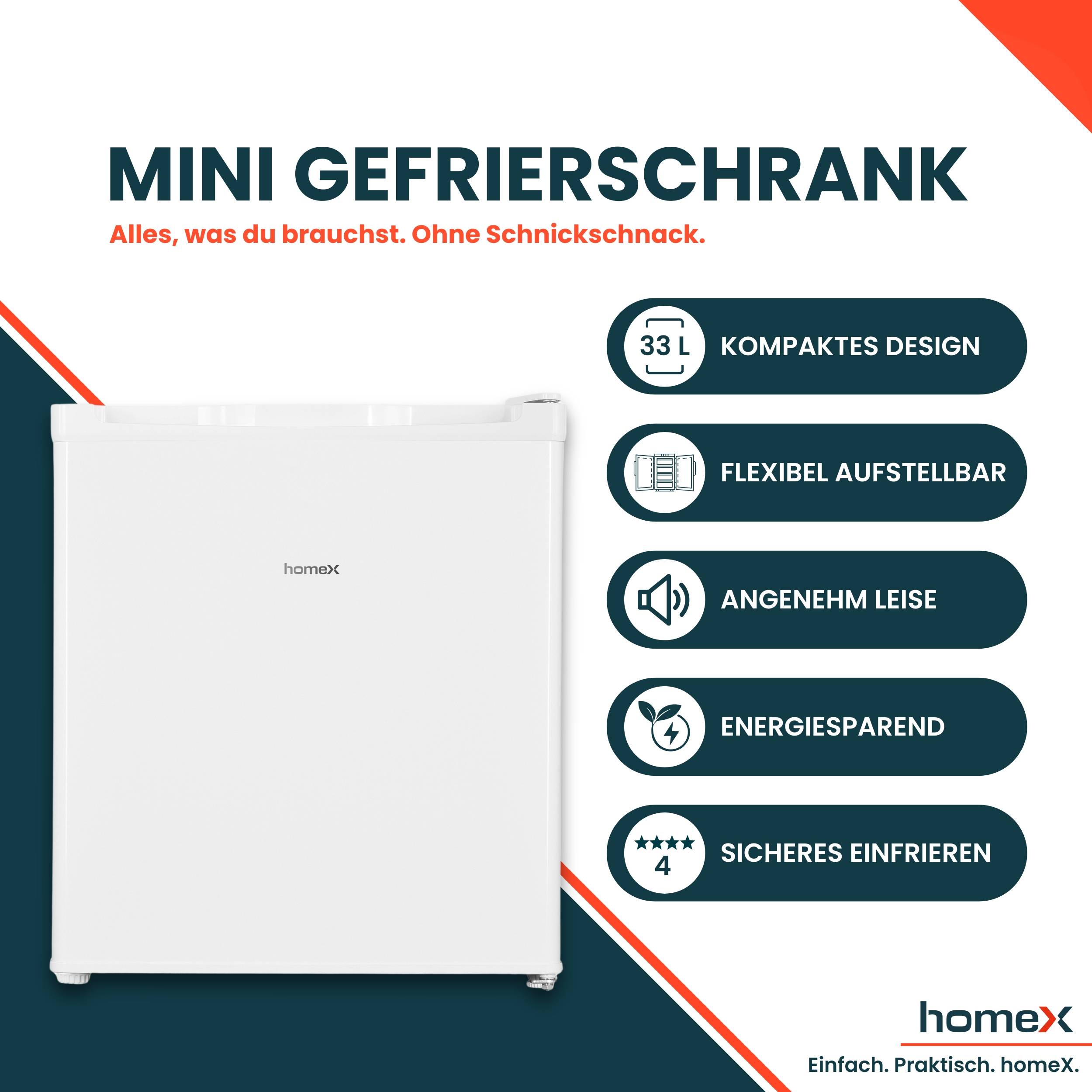 Mini-Gefrierschrank mit weißem Design ist kompakt und energieeffizient. Zu den Eigenschaften gehören flexible Aufstellung, leiser Betrieb und sicheres Einfrieren.