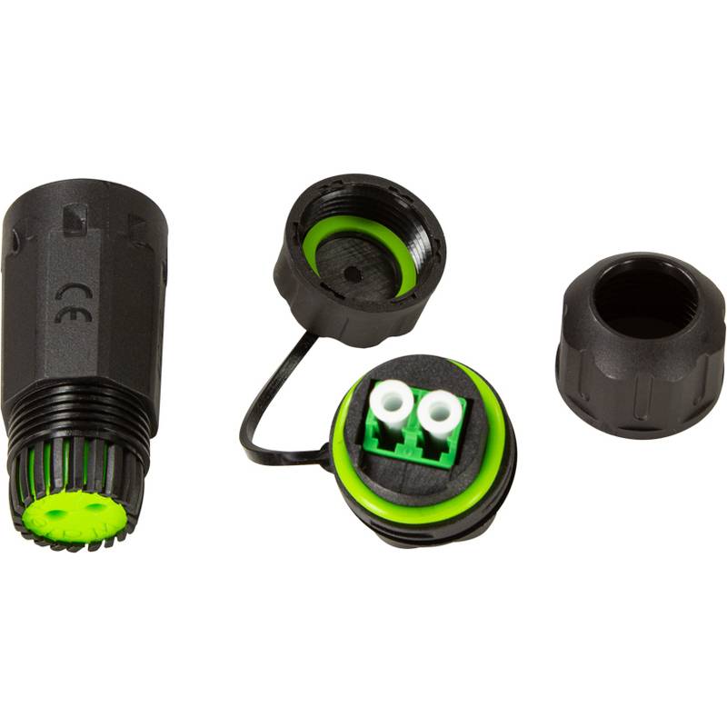 Bild eines schwarzen Rundsteckverbinders mit grünen Akzenten, dargestellt in seine Einzelteile zerlegt, einschließlich eines Deckels und innerer Komponenten.