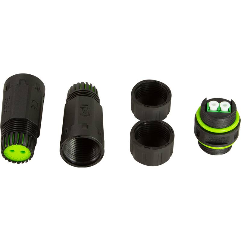 Vier Komponenten eines schwarzen zylindrischen elektrischen Verbinders, einschließlich Gehäuse, Verdrahtungskontaktpunkte und zwei Verbindungskappen.