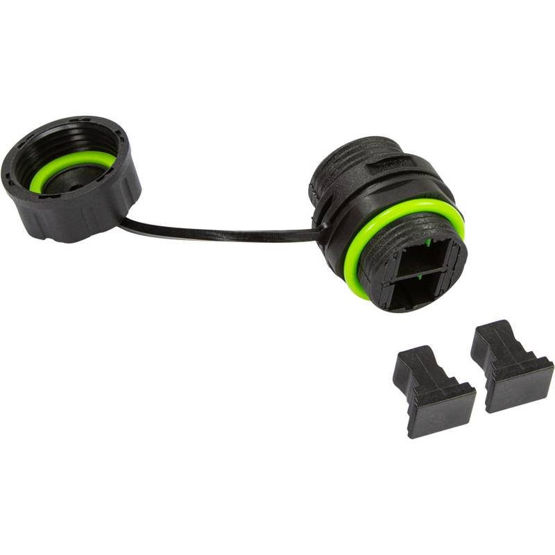 Ein schwarzer und grüner wasserdichter Ethernet-Anschluss mit einer Schutzkappe und zwei Dichtungseinsätzen, entwickelt für Netzwerkanwendungen im Freien.