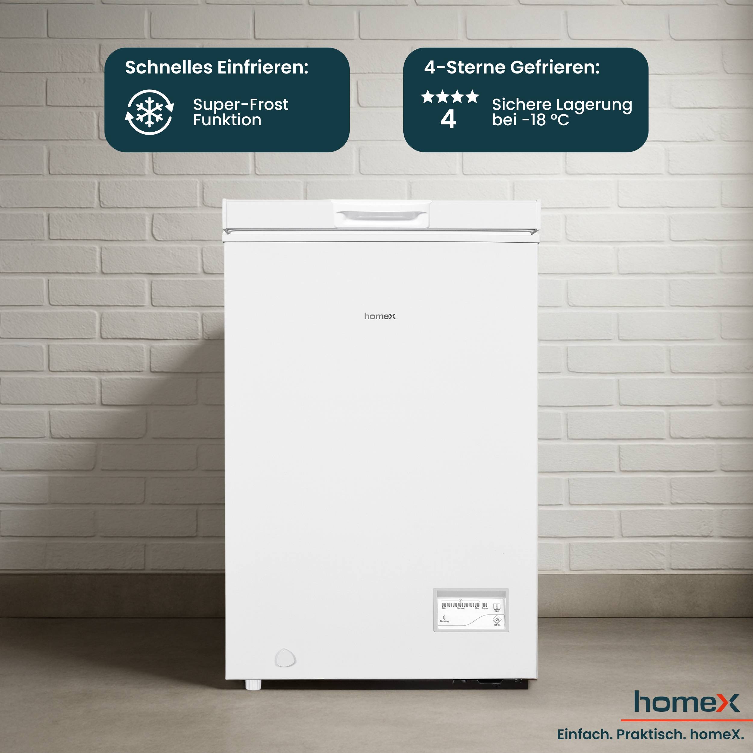 homeX Gefriertruhe, Tiefkühltruhe klein - 98L Nutzinhalt, 4-Sterne Gefrieren, Kühltruhe mit Super-Frost-Funktion, weiß