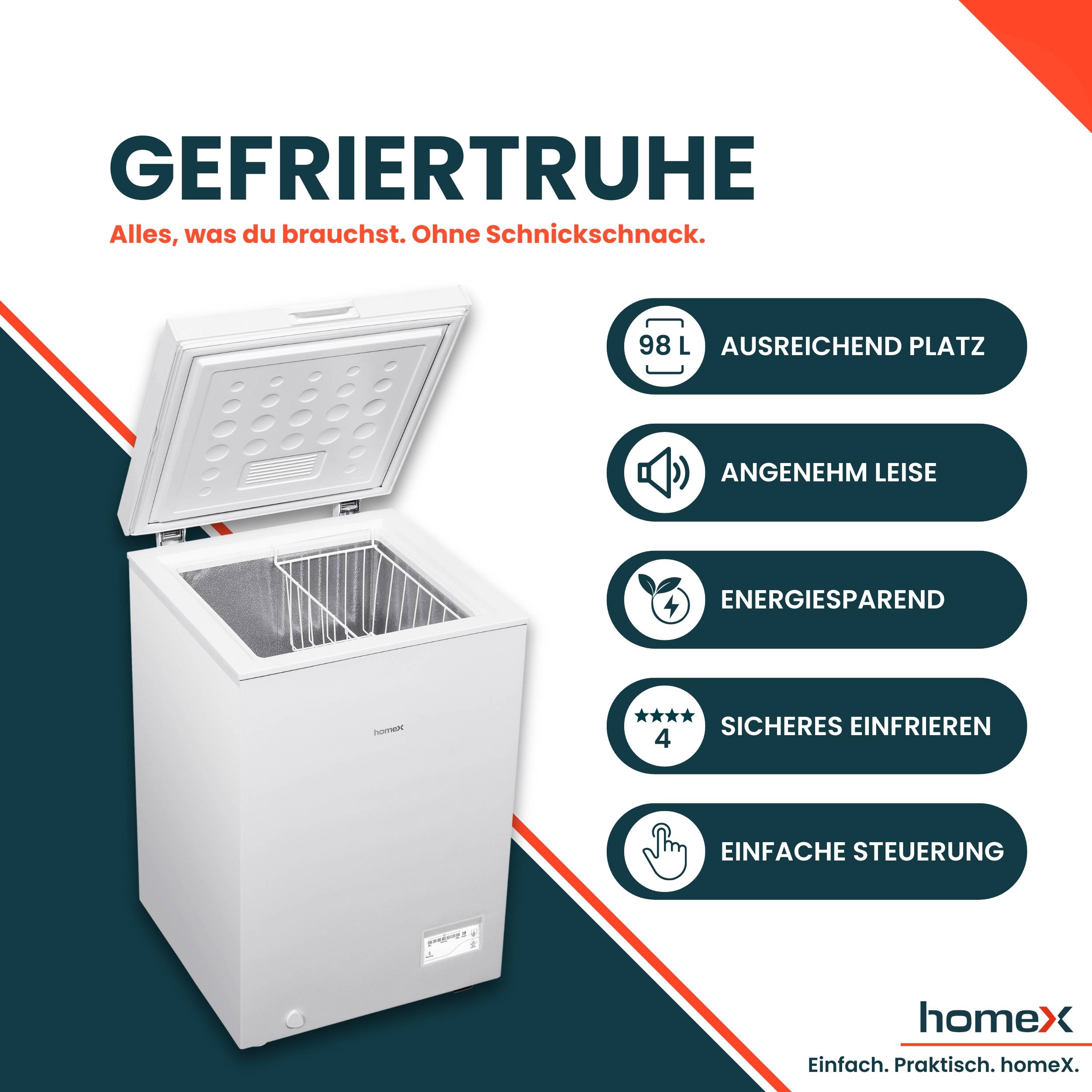 Eine offene Gefriertruhe mit folgenden Merkmalen: ausreichender Stauraum, leise, energiesparend, sichere Gefrierfunktion, einfache Bedienung, Marke 'homeX'.