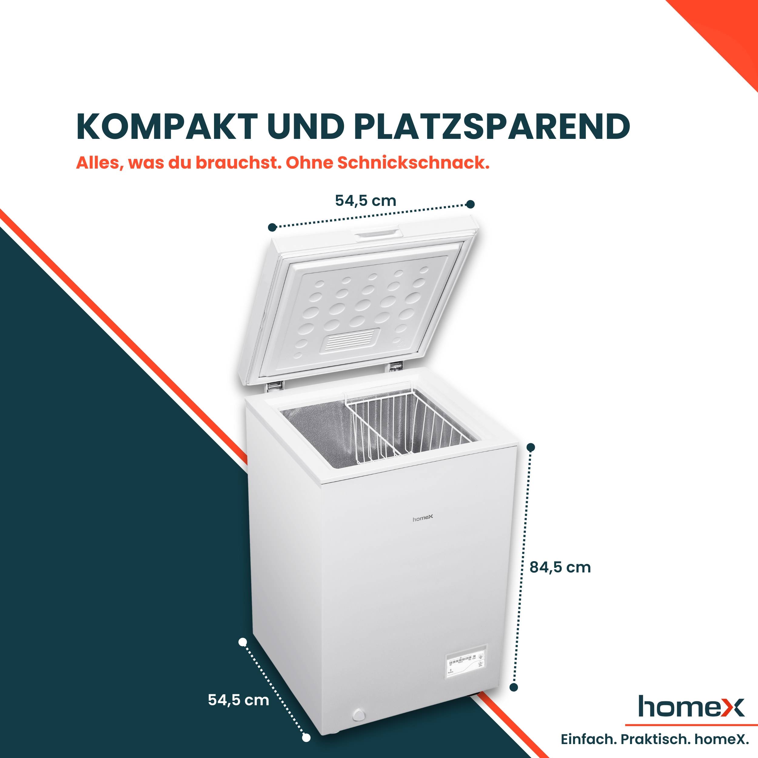 Eine weiße Truhe mit offenem Deckel, 54,5 cm x 84,5 cm groß. Deutscher Text lautet: 'Kompakt und platzsparend'. Marke 'homeX'.