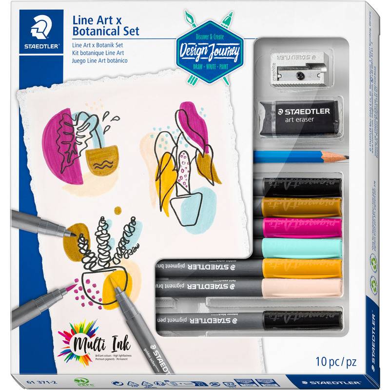 Staedtler Line Art x Botanical Set präsentiert bunte Marker, Stifte und einen Radiergummi neben abstrakten botanischen Linienkunst-Illustrationen.