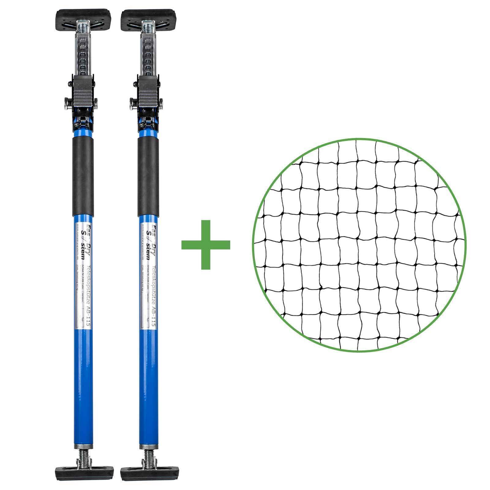 Set - Katzenschutznetz Schwarz (drahtverstärkt) 8x3 m + 2 Teleskopstützen Blau 65-115 cm